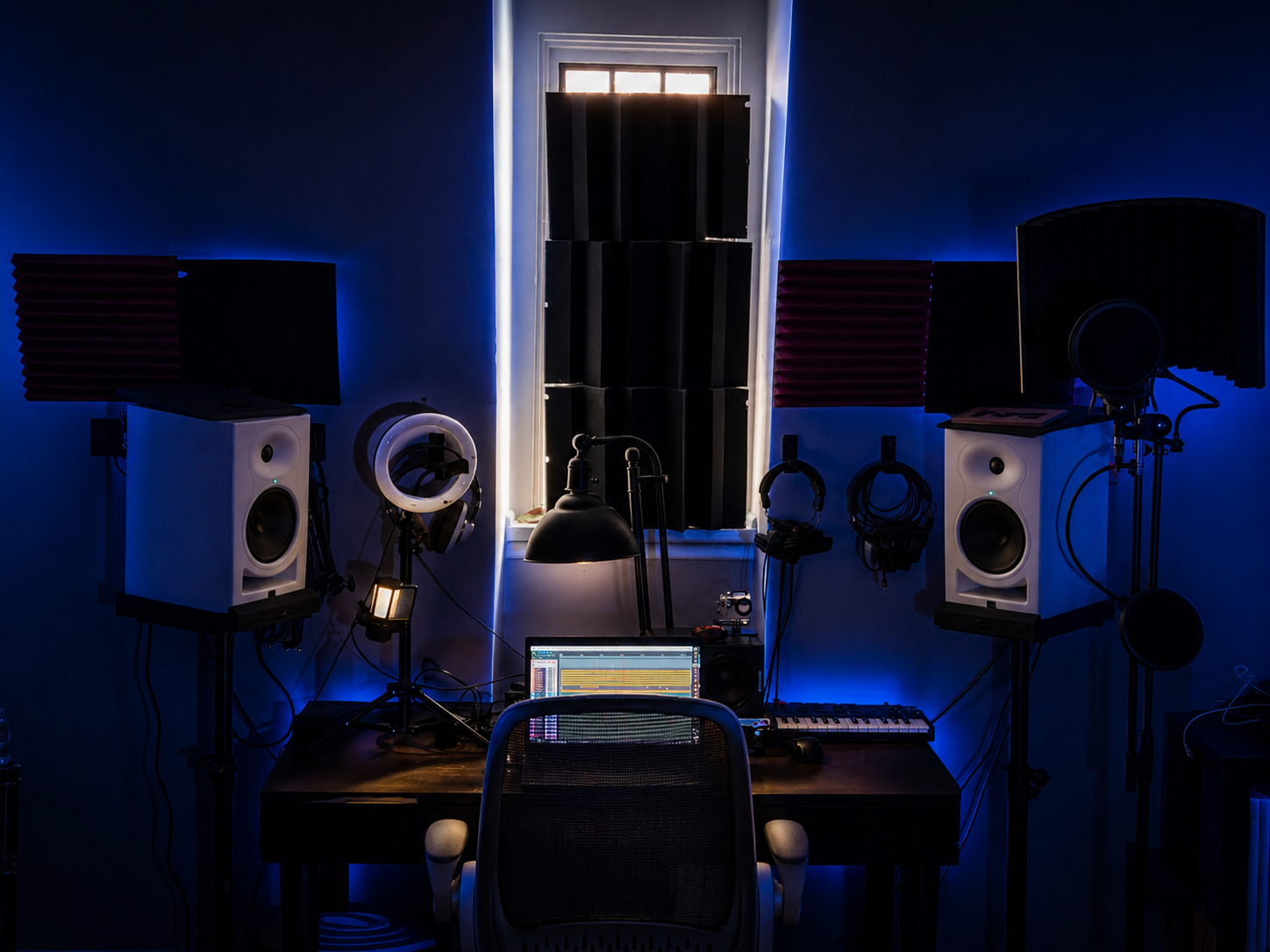 A music studio with a desk, monitor, speakers, headphones, microphone, MIDI keyboard, and acoustic foam panels, illuminated by blue LED lights.