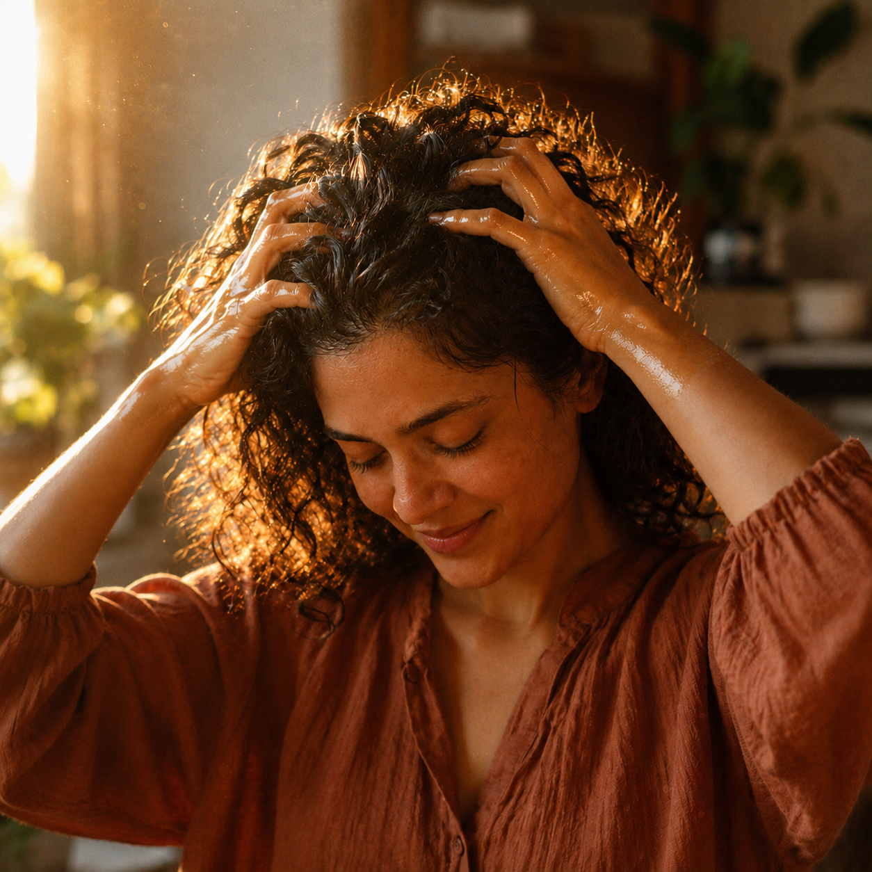 Woman performing a scalp massage with botanical hair oil, illustrating a mindful hair care ritual that supports scalp wellness, relaxation, and Ayurvedic-inspired self-care.