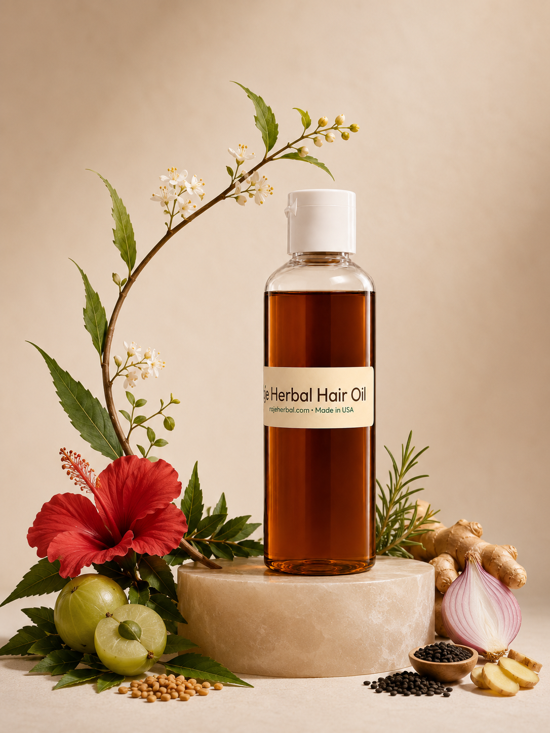 Raje Herbal Hair Oil – natural herbal oil with hibiscus, amla, rosemary, onion, ginger, black seed, and fenugreek for healthy hair growth, scalp nourishment, and stronger hair.