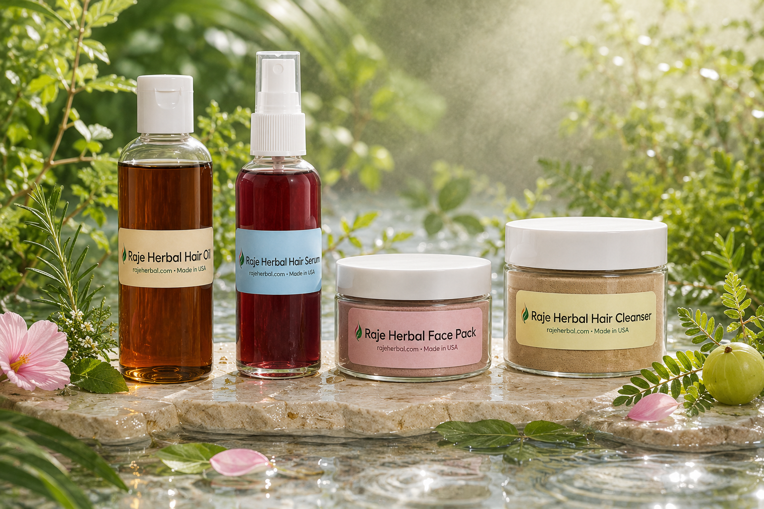 Collection of Raje Herbal science-backed herbal formulations including hair oil, hair serum, face pack, and hair cleanser, made with plant-based botanical ingredients to support healthy hair growth, scalp health, and naturally radiant skin.