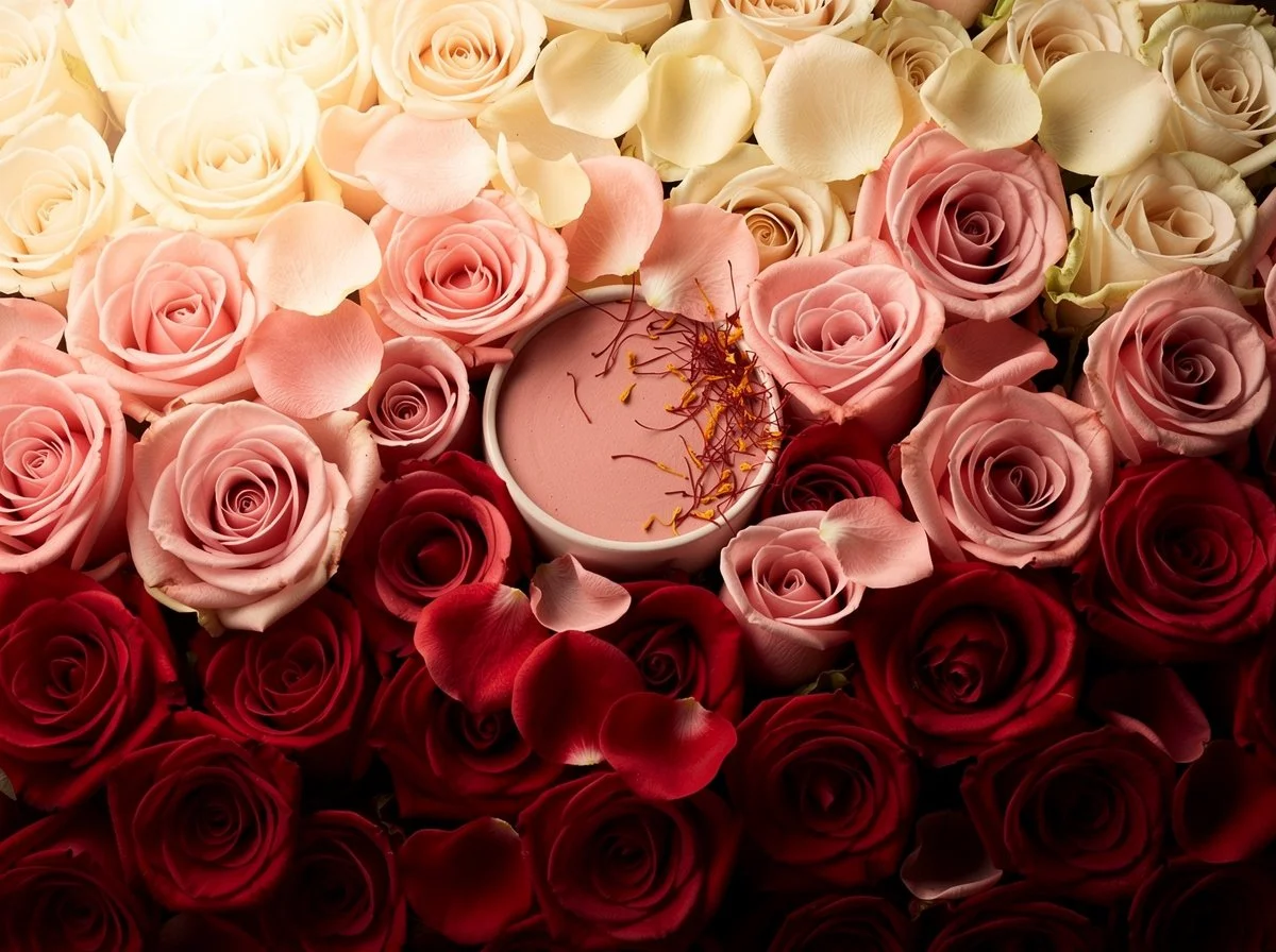 Botanical skincare formulation featuring rose extract, saffron, and floral ingredients, representing the science of natural skincare, plant-based actives, and research-driven beauty innovation.