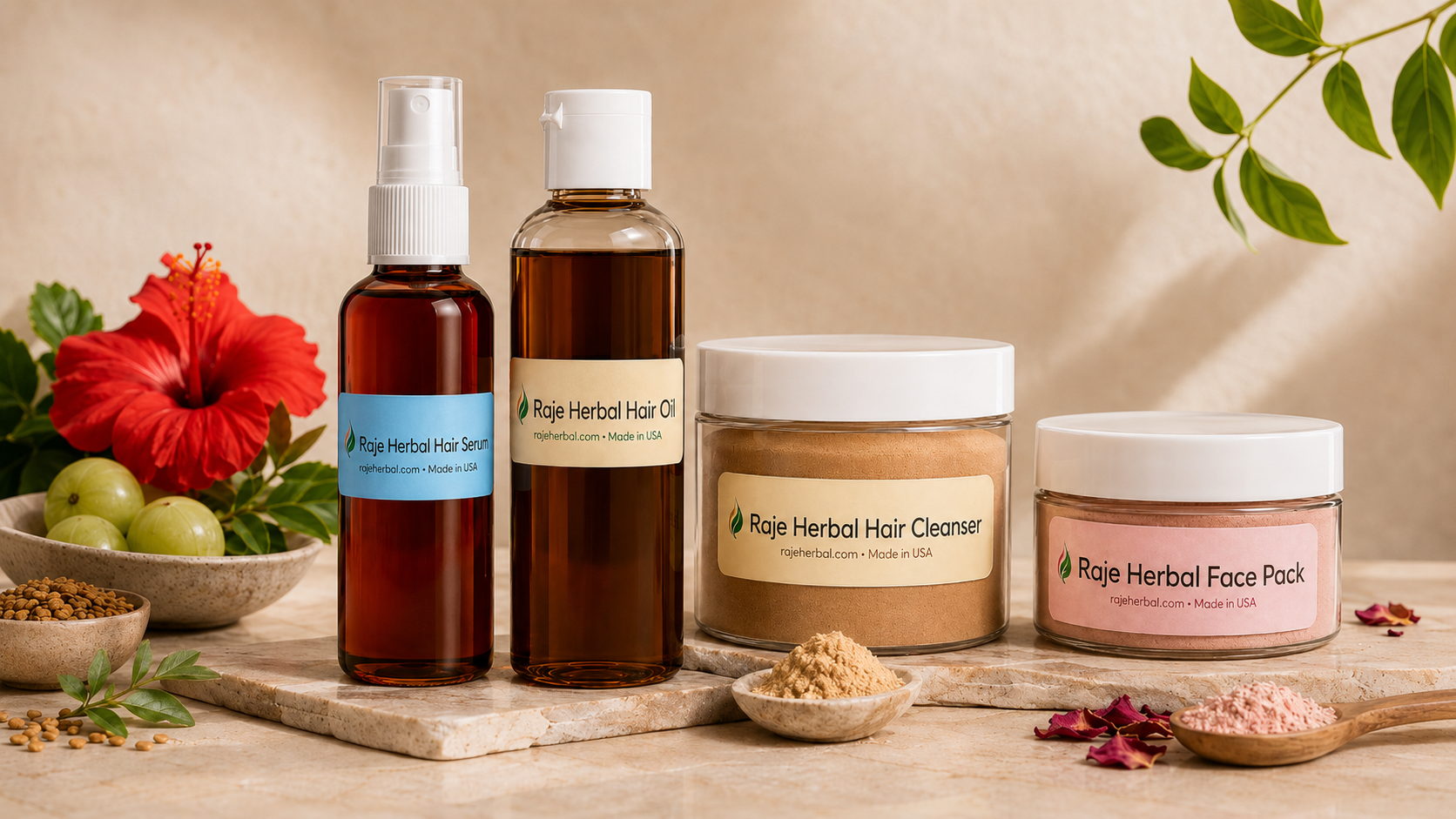 Display of Raje Herbal's natural hair care and skincare products, including herbal hair serum, hair oil, herbal hair cleanser, and face pack, arranged with hibiscus, amla, and botanical ingredients.