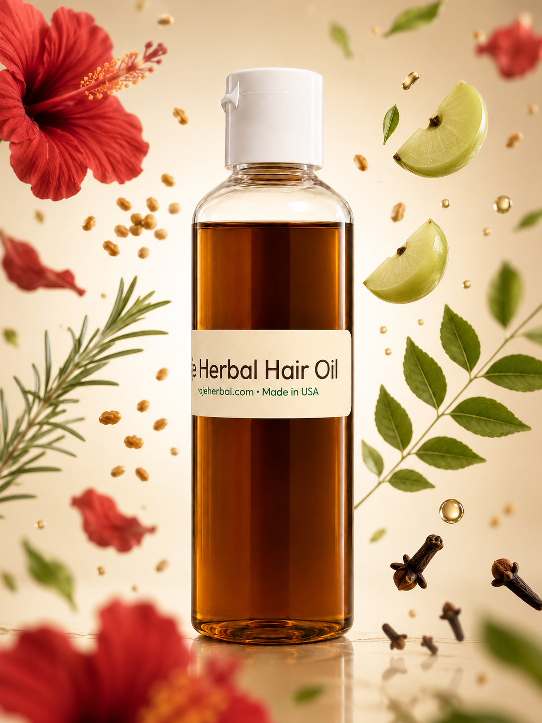 Raje Herbal Hair Oil bottle made with hibiscus, amla, rosemary, neem, fenugreek, clove and natural herbs to help reduce hair fall, promote hair growth and nourish the scalp.