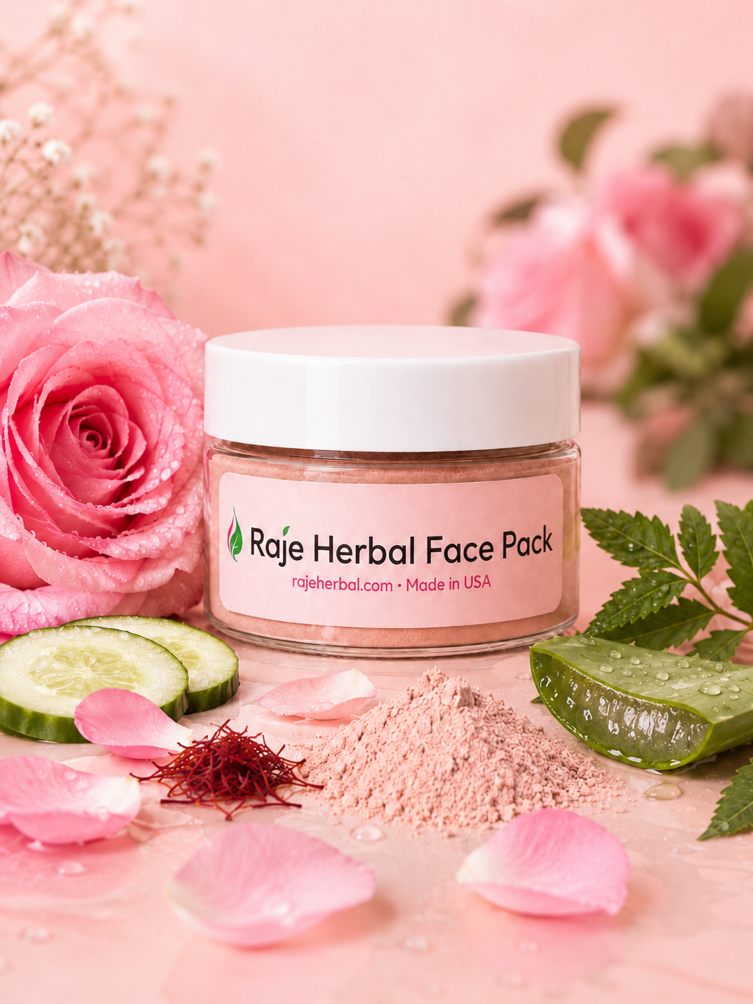 Raje Herbal Face Pack made with natural herbs, rose, aloe vera, cucumber, and saffron for glowing skin, skin brightening, hydration, and healthy complexion.