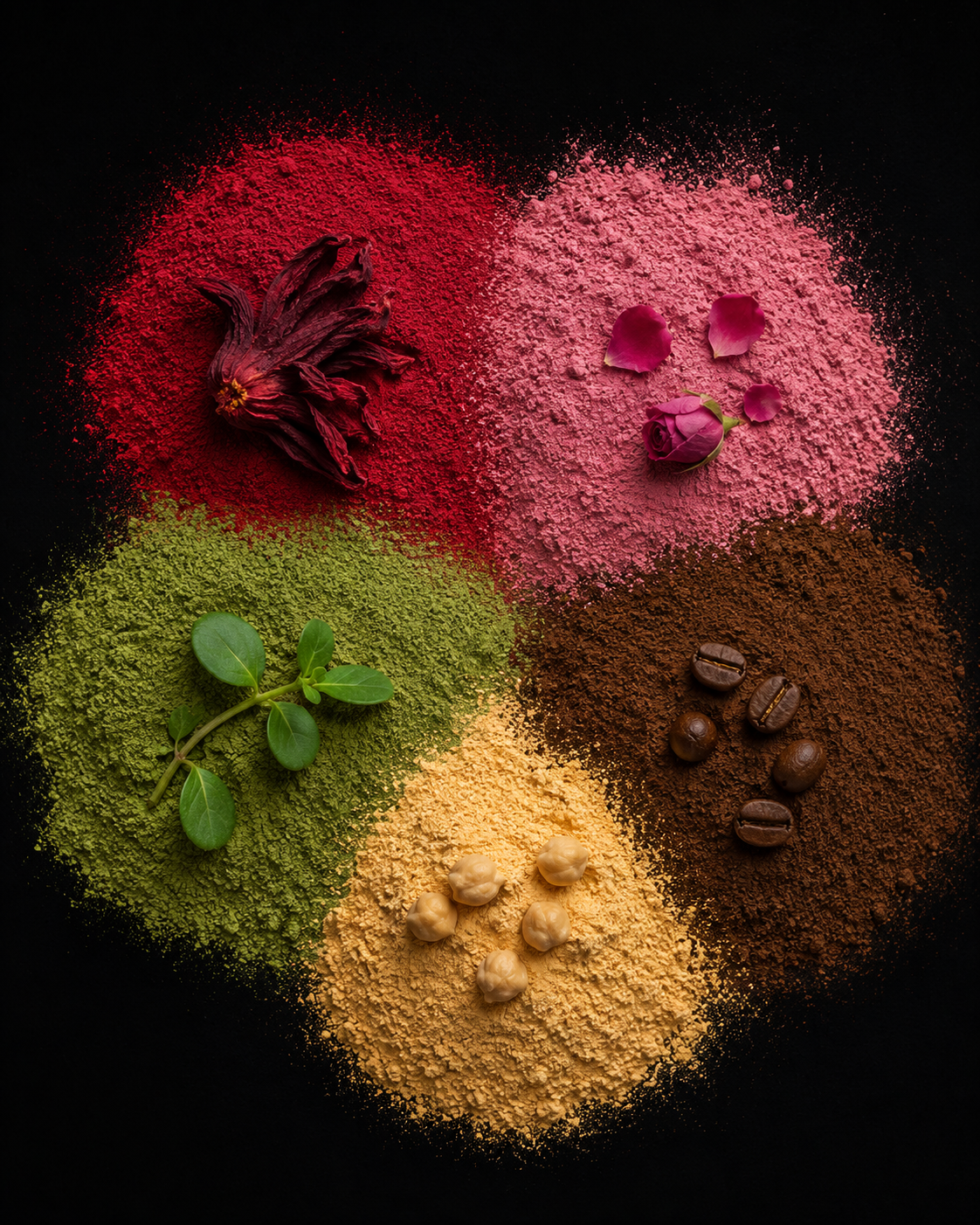 Colorful Ayurvedic herbal powders with hibiscus, rose petals, holy basil, coffee beans, and chickpeas, representing Raje Herbal's natural hair care and skincare ingredients.
