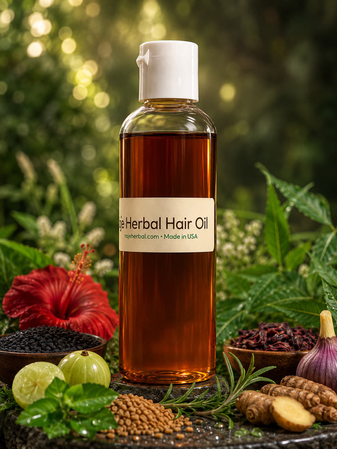 Raje Herbal Hair Oil made with traditional botanical ingredients including hibiscus, amla, rosemary, onion, ginger, black seed, and fenugreek to support stronger, healthier-looking hair.