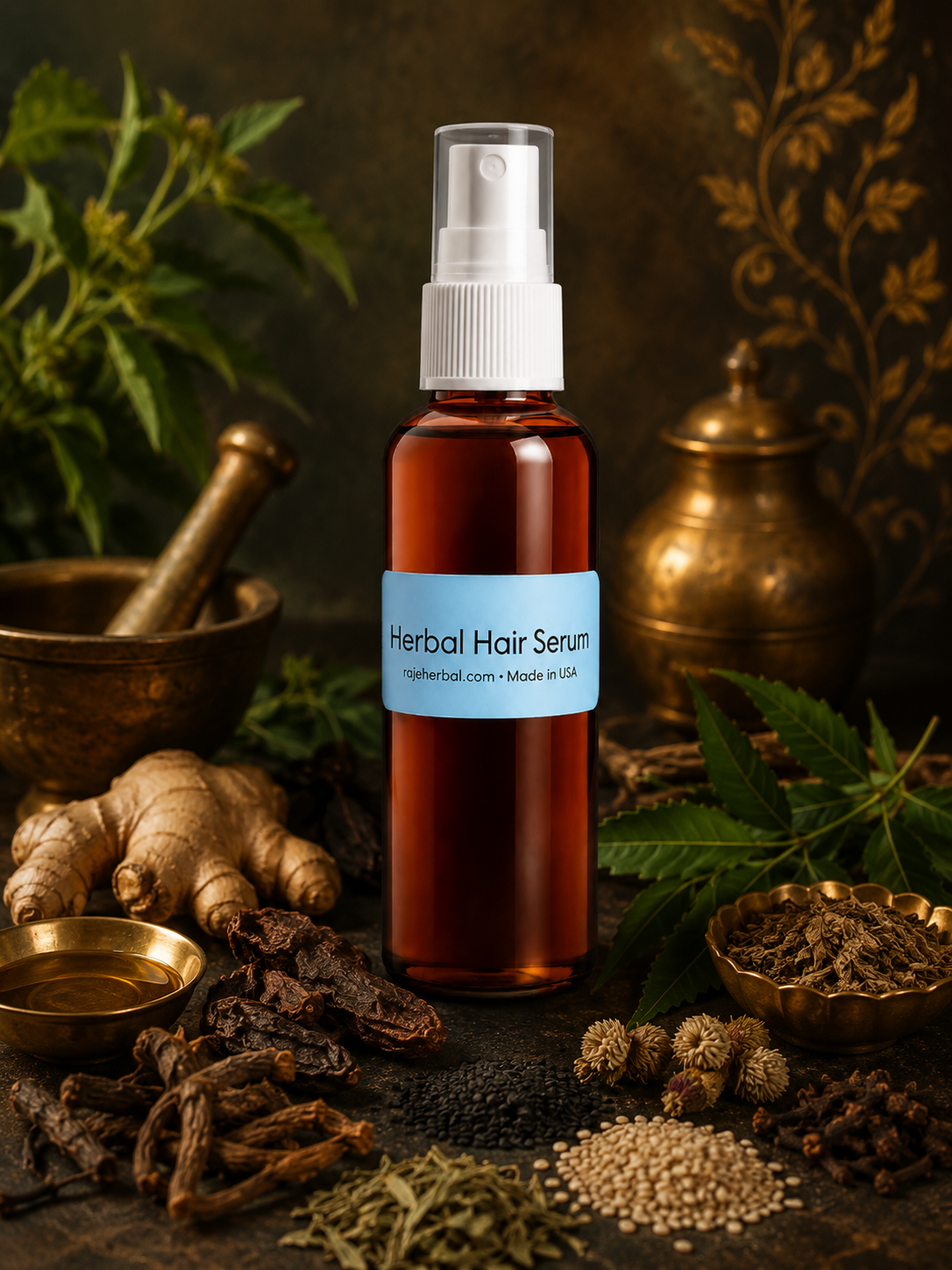 Premium Raje Herbal Hair Serum surrounded by traditional herbal ingredients including ginger, black seed, herbs, and botanical extracts for healthy hair.