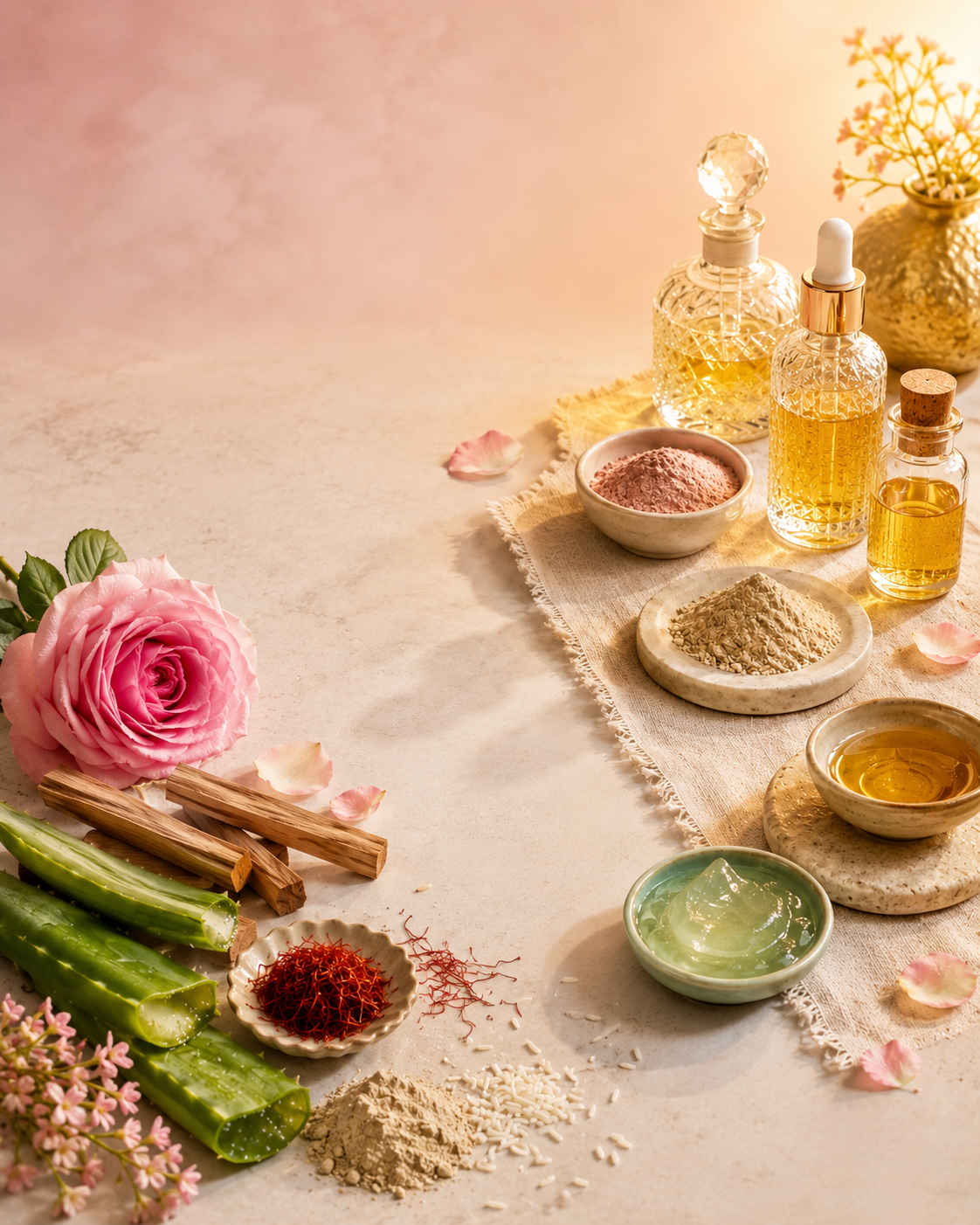 Ayurvedic-inspired skincare ingredients including aloe vera, saffron, sandalwood, botanical powders, herbal oil, and rice arranged for natural skincare, holistic beauty, and plant-based wellness.