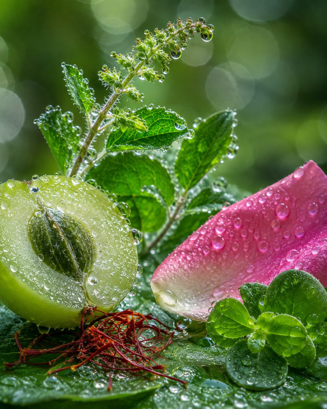 Fresh Ayurvedic botanicals including holy basil (tulsi), rose petal, aloe vera, saffron, and amla with dew drops, representing Raje Herbal's natural hair care and skincare ingredients.