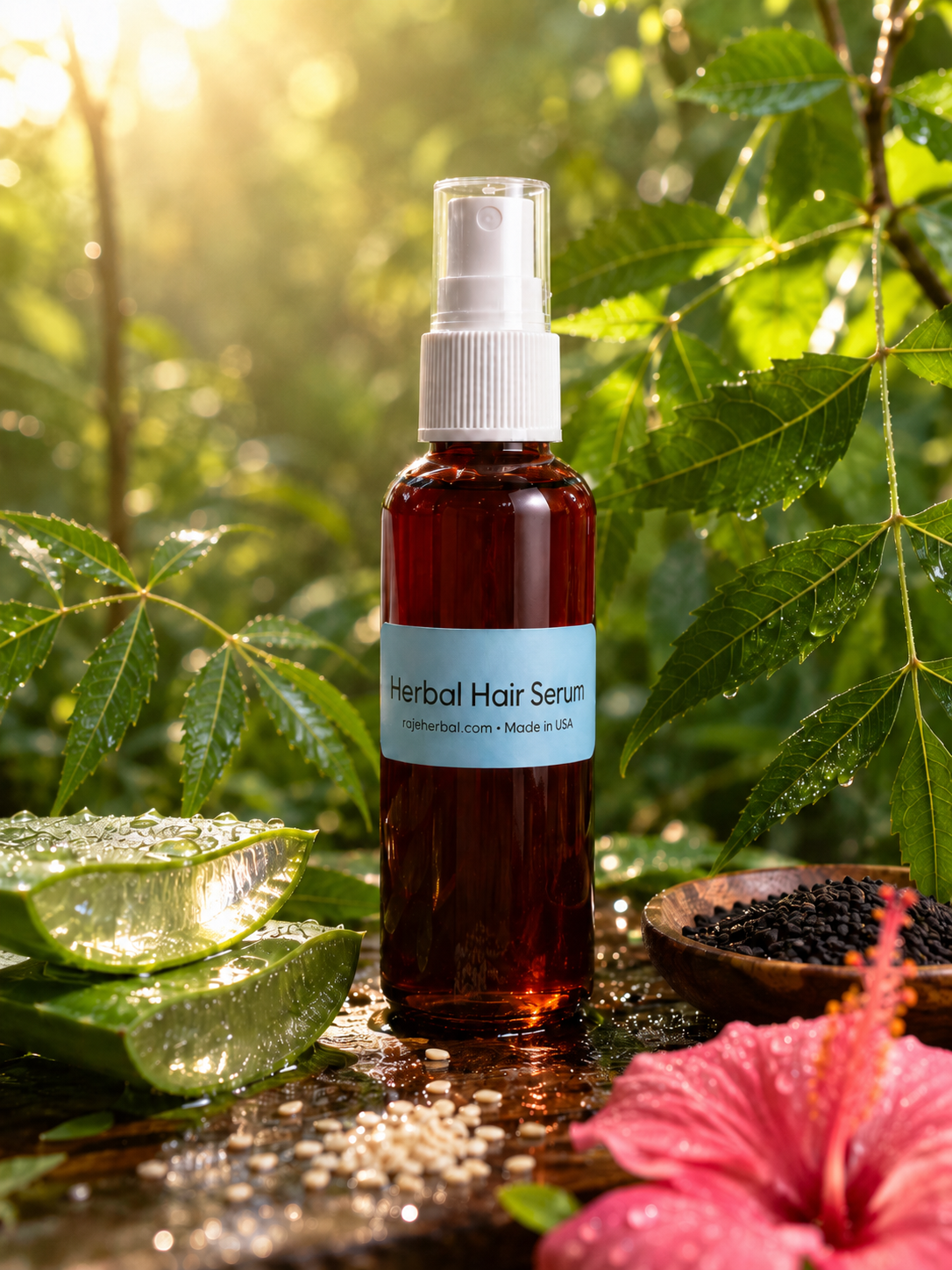 Raje Herbal Hair Serum displayed outdoors with fresh aloe vera, hibiscus, and herbs representing a natural scalp care and hair strengthening solution.
