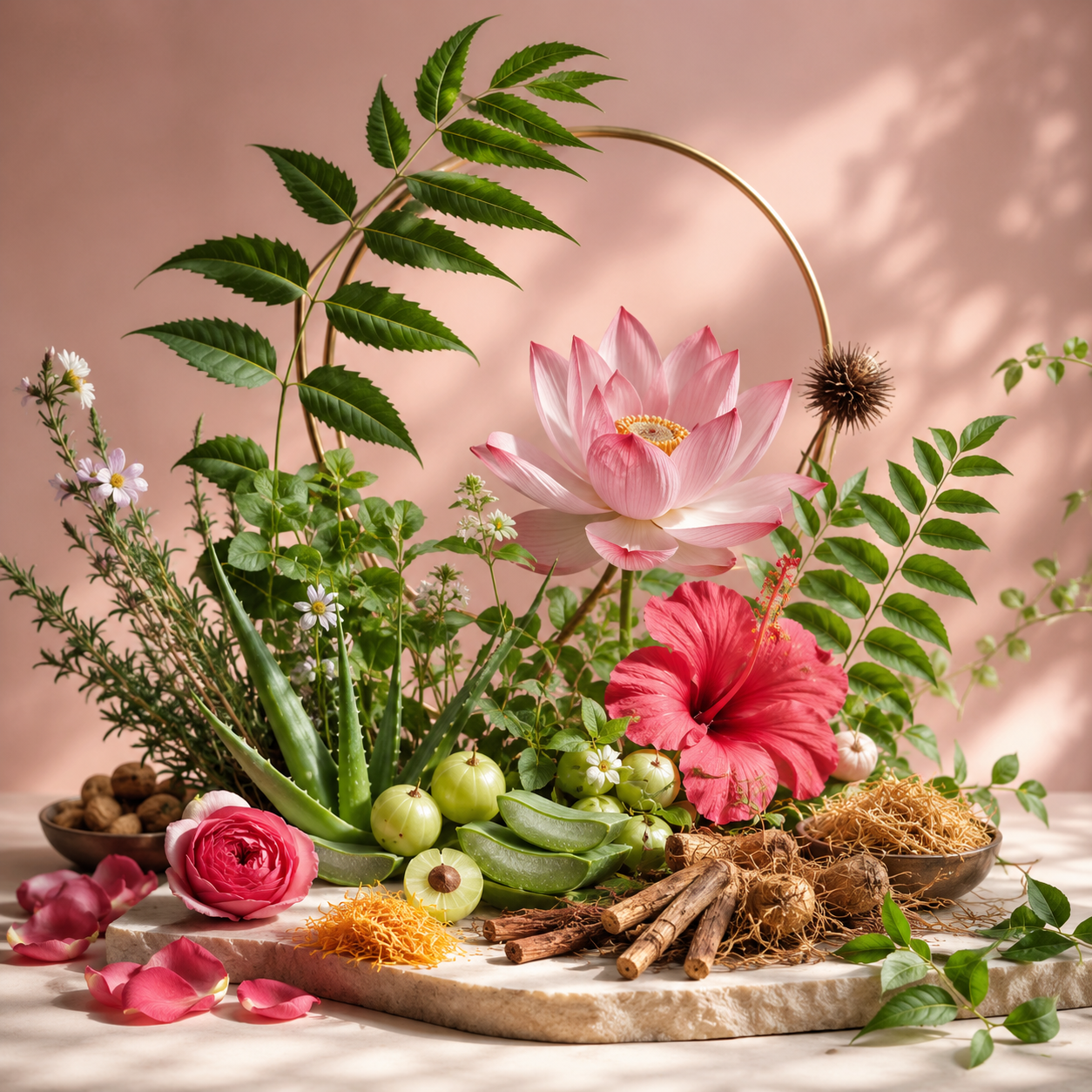 Fresh Ayurvedic herbs, aloe vera, lotus flower, hibiscus, neem leaves, amla, and medicinal roots used in Raje Herbal's traditional slow-extracted hair oil and skincare formulations.