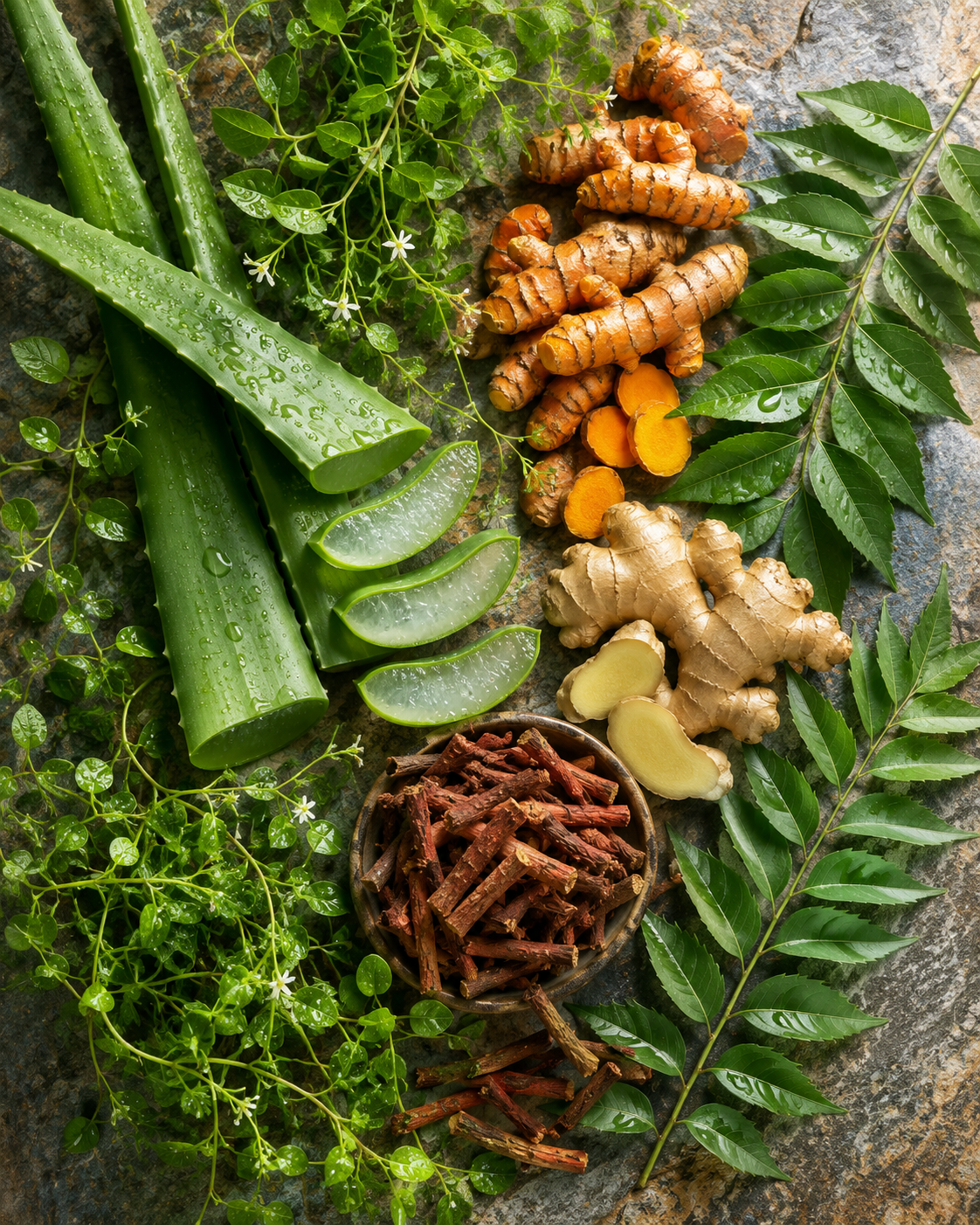 Fresh Ayurvedic herbs including aloe vera, turmeric, ginger, neem leaves, gotu kola, and medicinal roots used in Raje Herbal's natural hair care and skincare formulations.