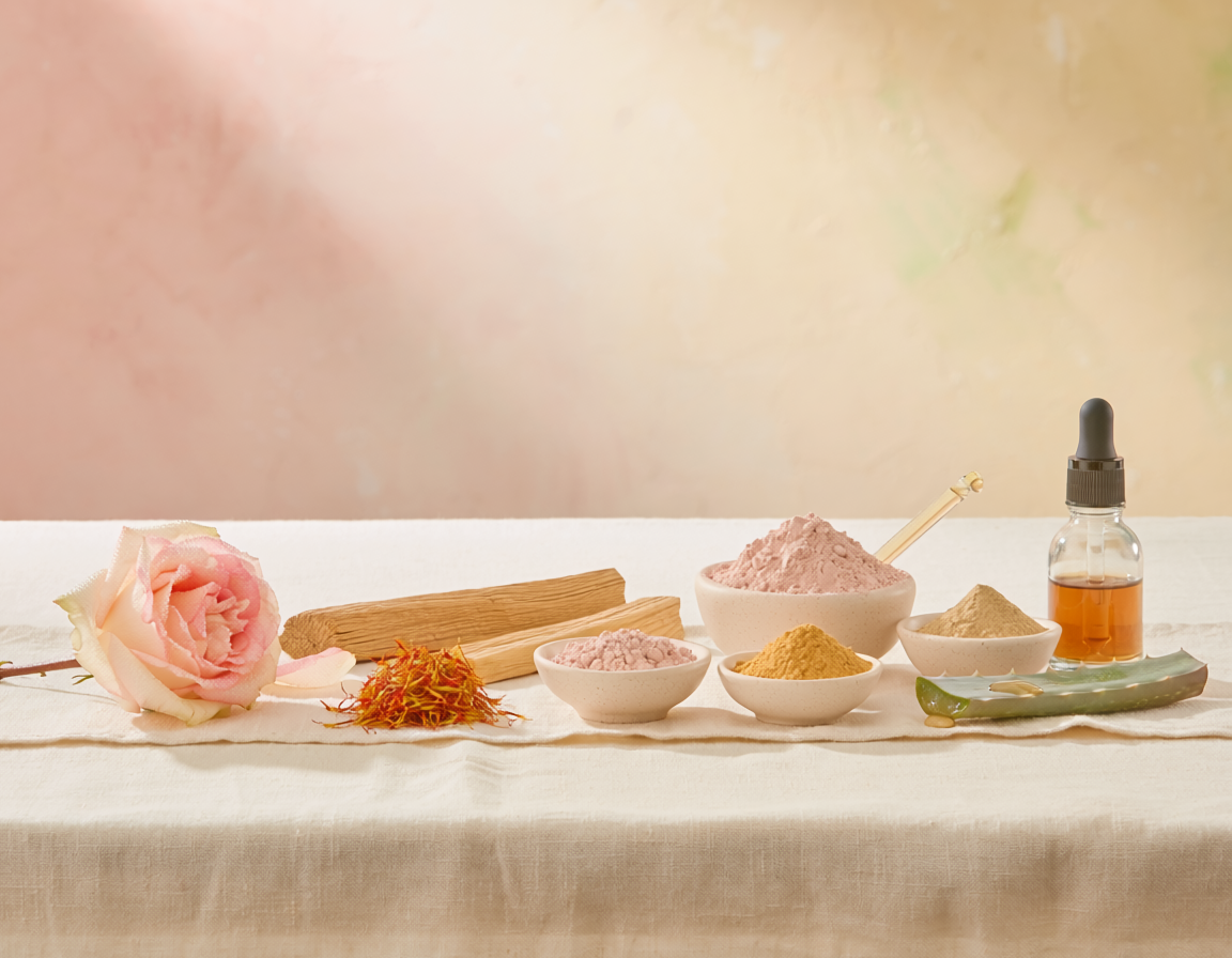Natural herbal ingredients including aloe vera, saffron, rose, botanical powders, and herbal oil representing Raje Herbal's Ayurvedic hair care and skincare products.
