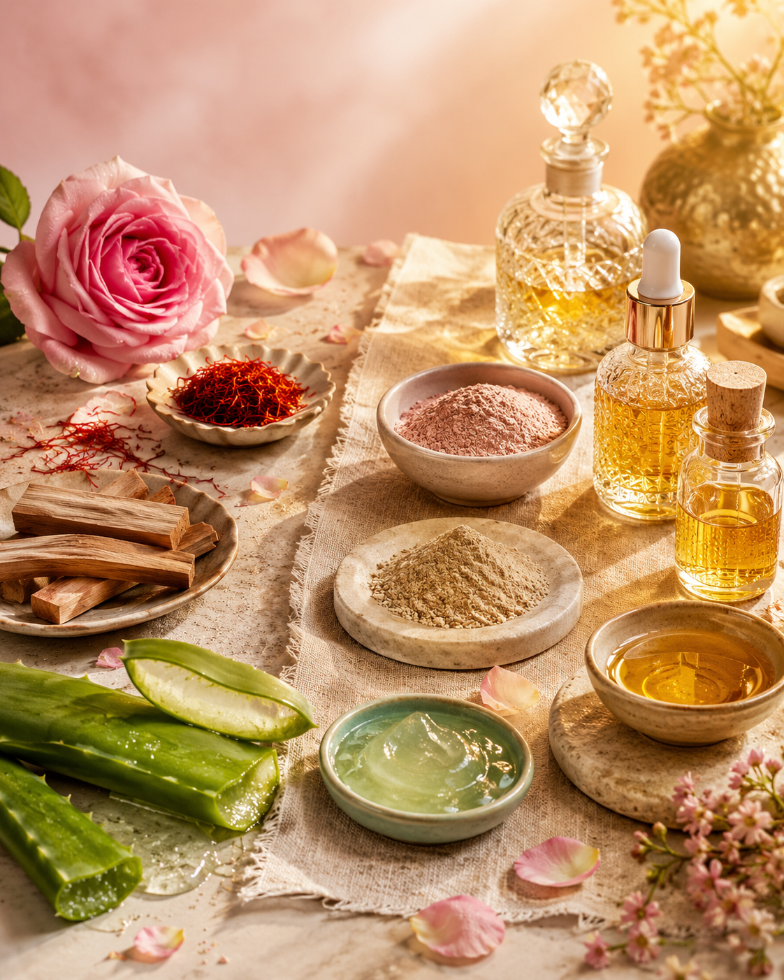 Botanical skincare ingredients including aloe vera, rose, saffron, sandalwood, herbal powders, and botanical oils, representing science-backed natural skincare, plant-based actives, and Ayurvedic-inspired formulations.