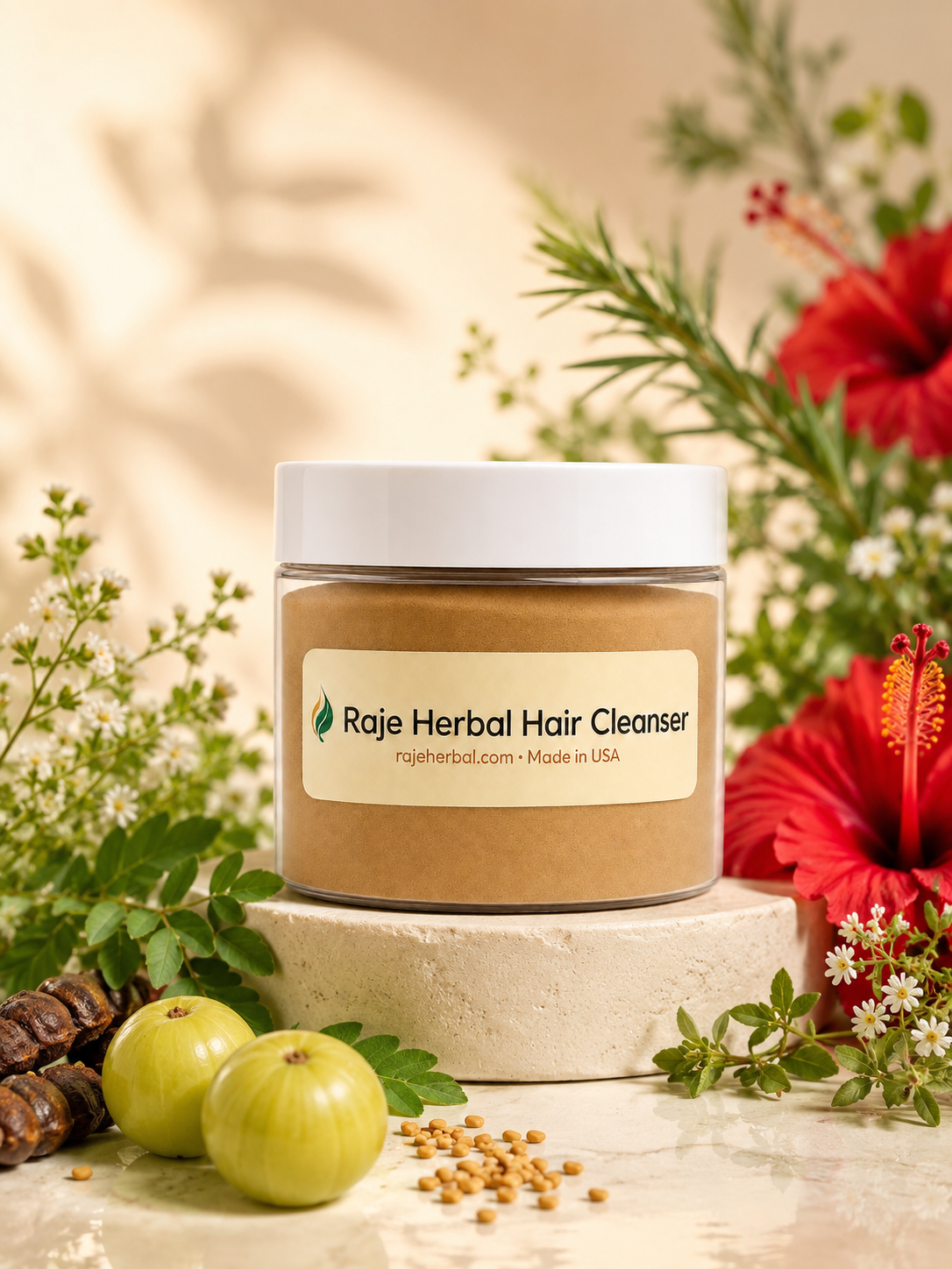 Raje Herbal Hair Cleanser powder made in USA with amla, hibiscus and fenugreek for natural hair cleansing, scalp care and healthier-looking hair.
