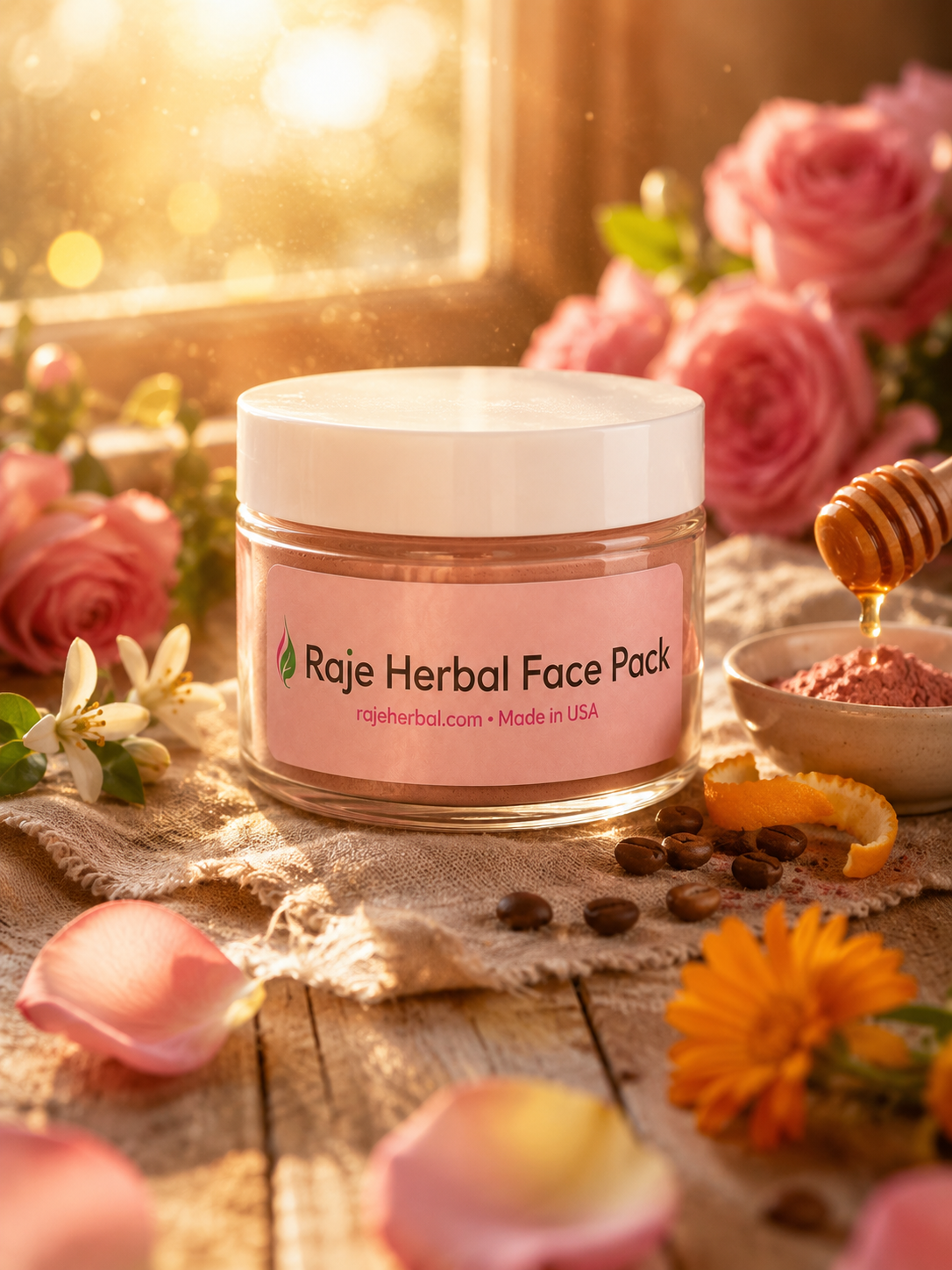 Raje Herbal Face Pack with honey, coffee beans, orange peel, calendula flowers, and roses, featuring an herbal face mask for exfoliation, nourishment, and healthy glowing skin.