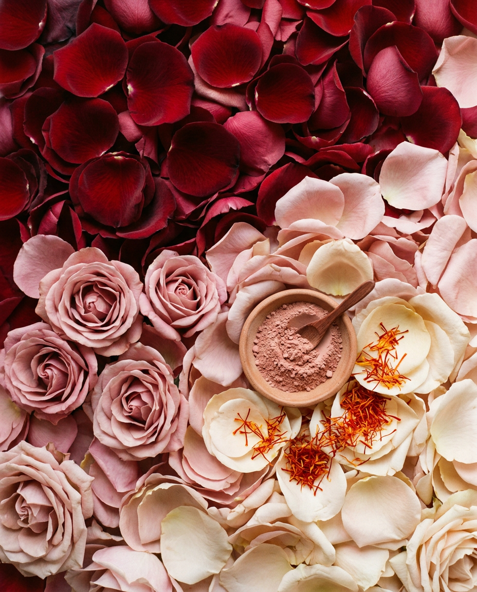 Rose petals, fresh roses, saffron strands, and botanical herbal powder representing Raje Herbal's natural Ayurvedic hair care and skincare ingredients.