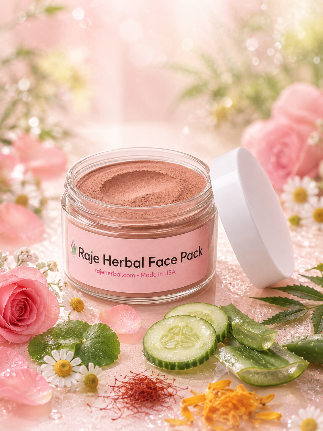 Open jar of Raje Herbal Face Pack surrounded by cucumber, aloe vera, calendula, chamomile, rose petals, and saffron, highlighting a natural face pack for hydration and brightening.