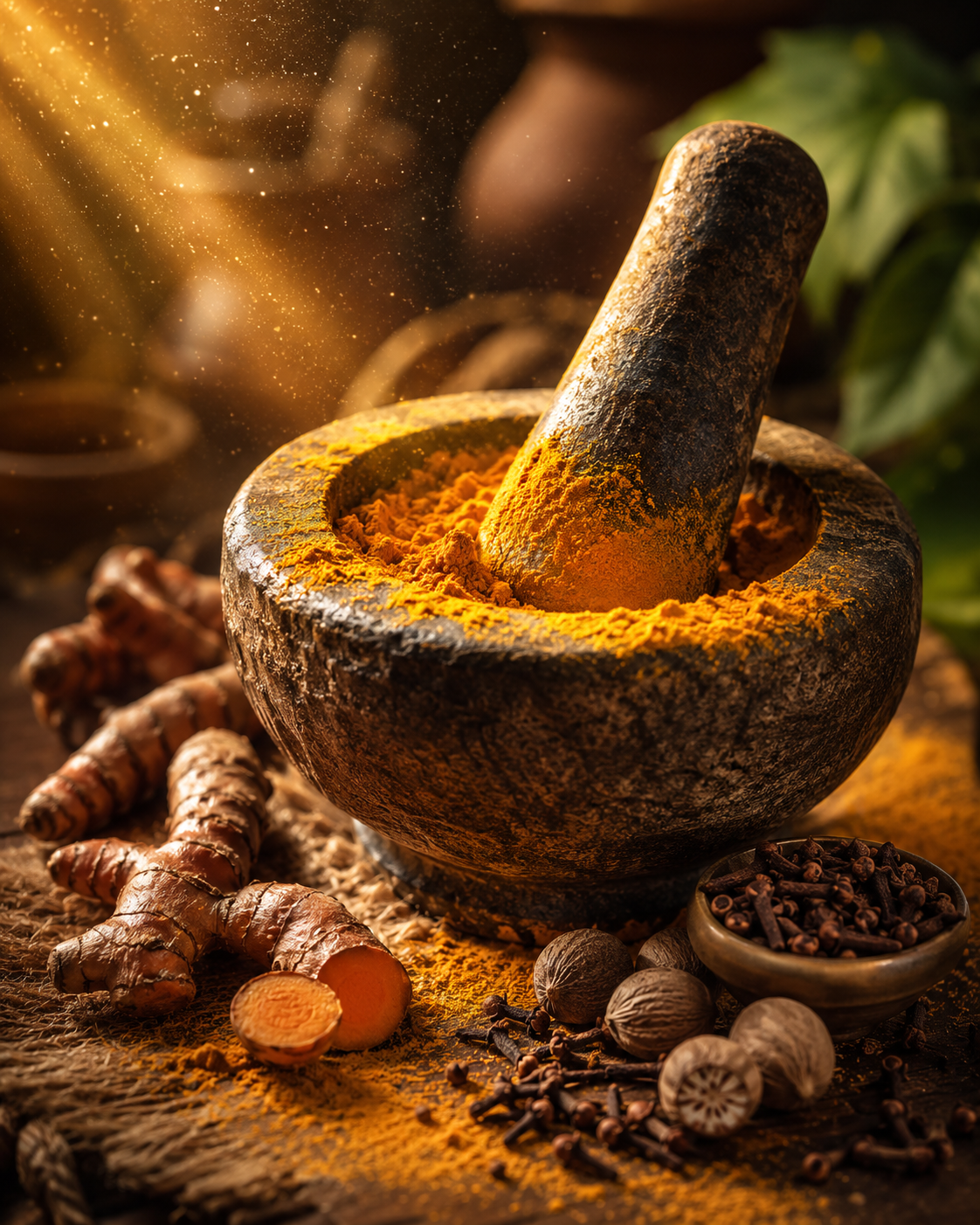Rustic stone mortar and pestle filled with vibrant turmeric powder, surrounded by fresh turmeric root, whole cloves, and nutmeg on a wooden surface, illustrating natural spices used in cooking, herbal remedies, and Ayurvedic wellness.