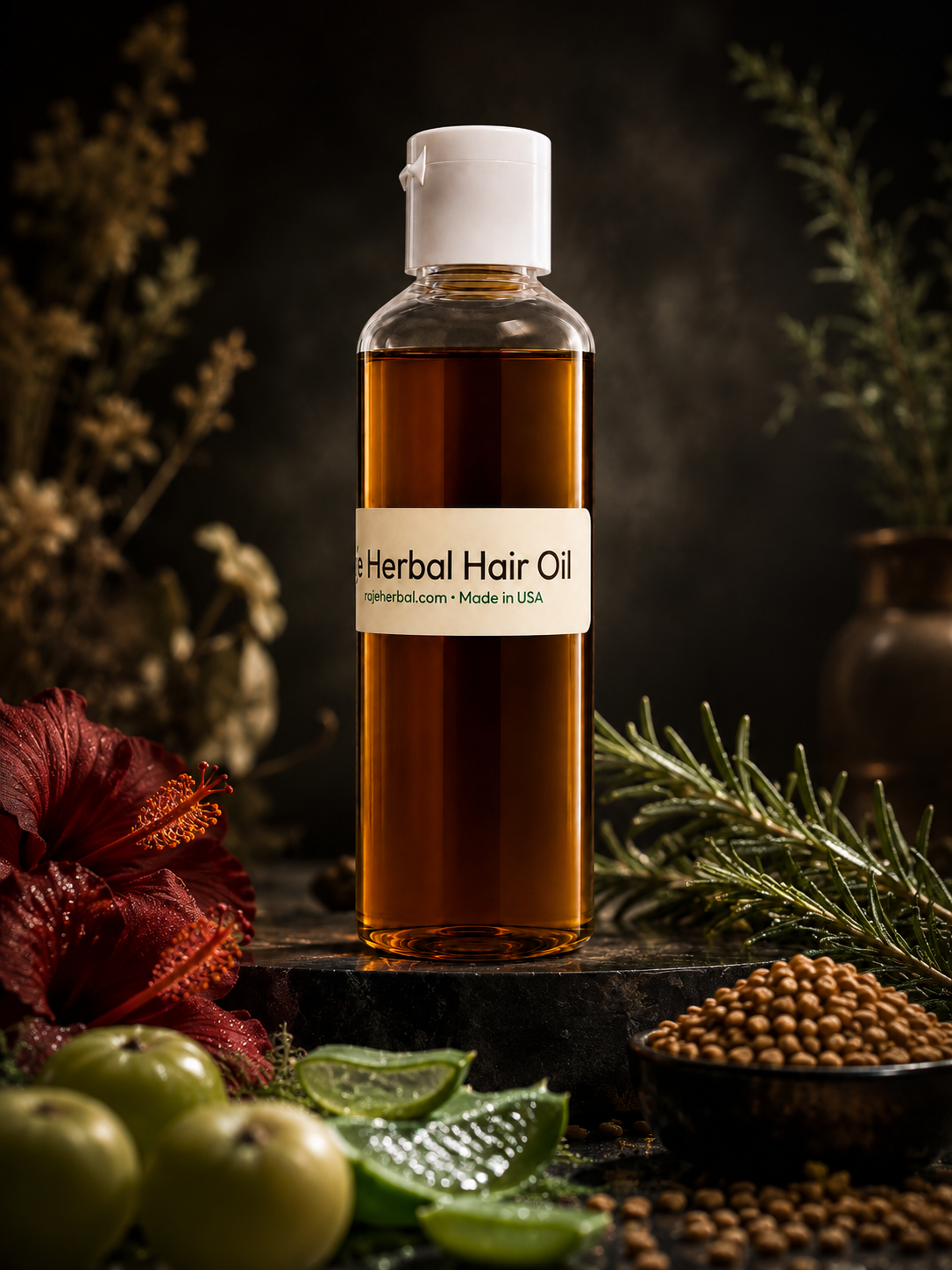 Raje Herbal Hair Oil – Ayurvedic-inspired herbal hair oil with rosemary, hibiscus, amla, aloe vera, and coriander seeds for natural hair growth, stronger roots, healthy scalp, and reduced hair fall.