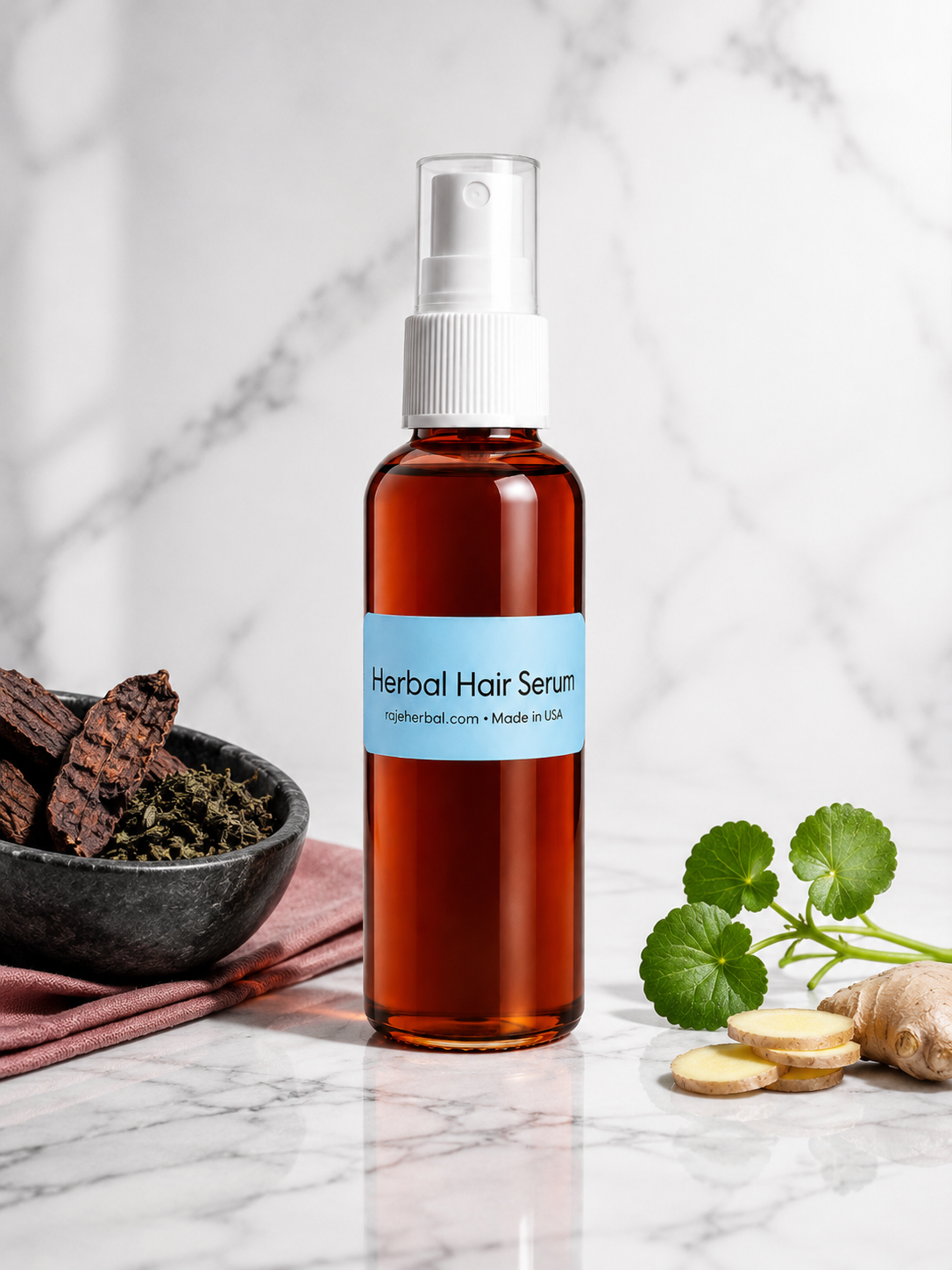 Raje Herbal Hair Serum in an amber spray bottle with natural herbs, ginger, and gotu kola for healthy hair growth, scalp nourishment, and reduced hair fall.