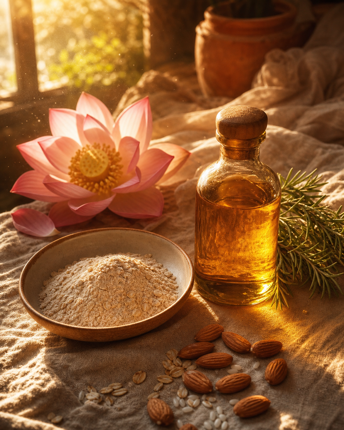 Natural Ayurvedic ingredients including herbal oil, botanical powder, lotus flower, rosemary, and almonds symbolizing Raje Herbal's mindful handcrafted wellness products.