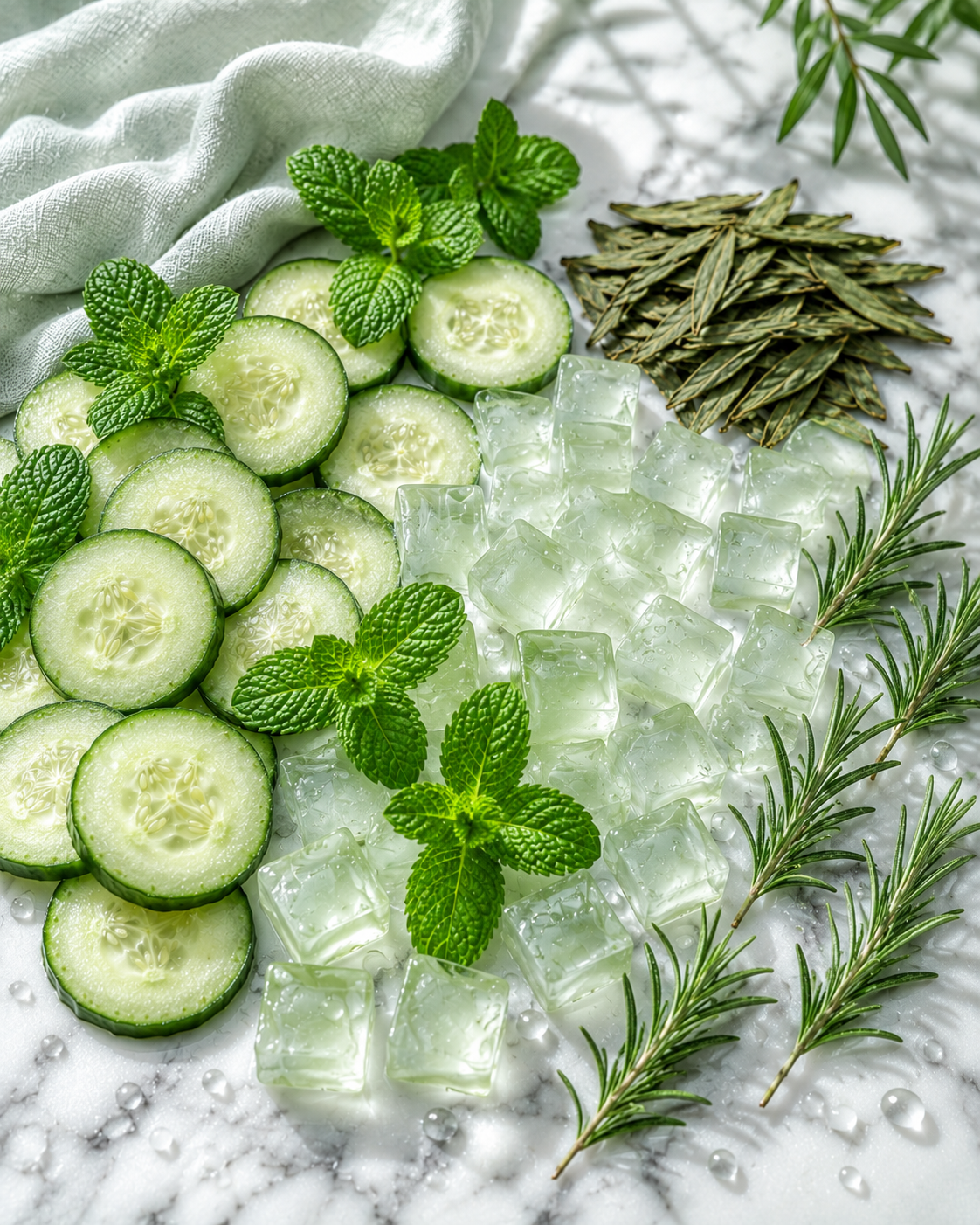 Refreshing botanical skincare ingredients including cucumber slices, fresh mint leaves, rosemary, aloe vera, and ice cubes, representing natural cooling skincare, hydration, and Ayurvedic-inspired wellness.
