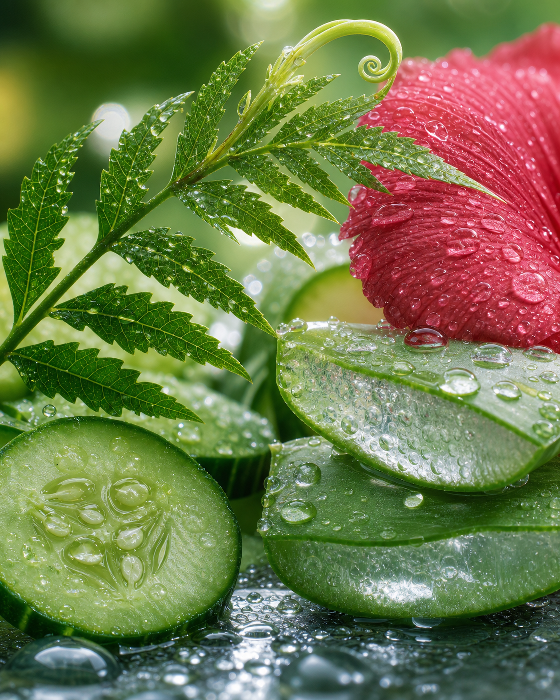 Fresh botanical skincare ingredients including aloe vera, cucumber, neem leaves, and hibiscus flower with dewdrops, representing natural hydration, plant-based skincare, and Ayurvedic-inspired beauty.