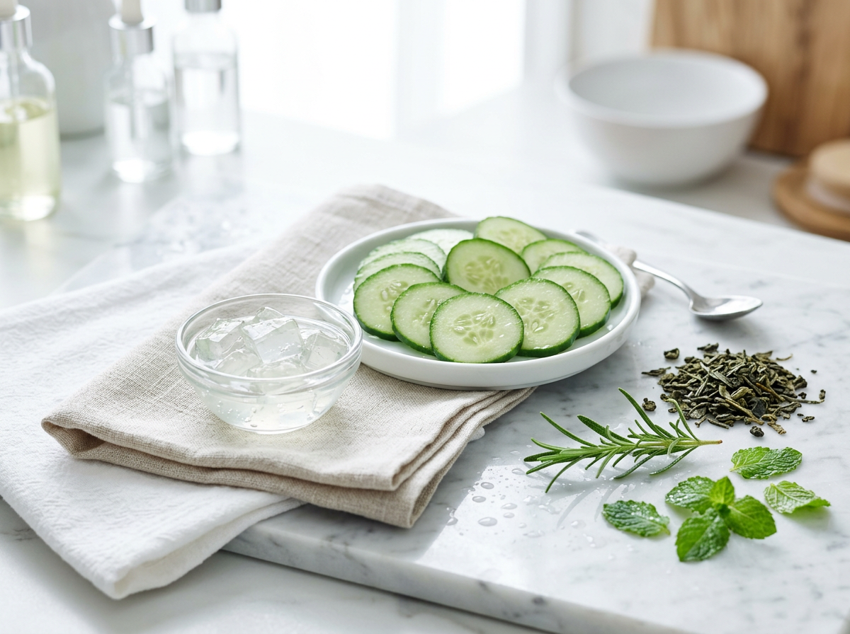 Fresh cucumber slices with aloe vera gel, rosemary, mint, and dried herbs, representing Raje Herbal's natural Ayurvedic skincare and herbal wellness ingredients.