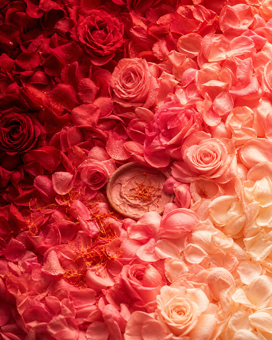 Luxurious rose-infused skincare cream surrounded by fresh pink and red roses, rose petals, and saffron, representing natural botanical skincare, floral beauty ingredients, and Ayurvedic-inspired self-care.