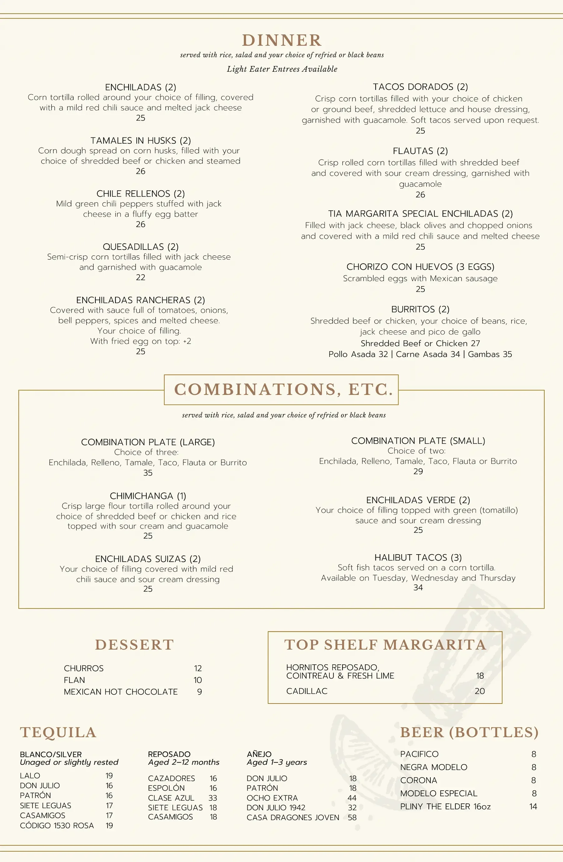Mexican restaurant menu featuring dinner options such as enchiladas, tacos, tamales, chile rellenos, quesadillas, and other dishes, with prices listed for each item.