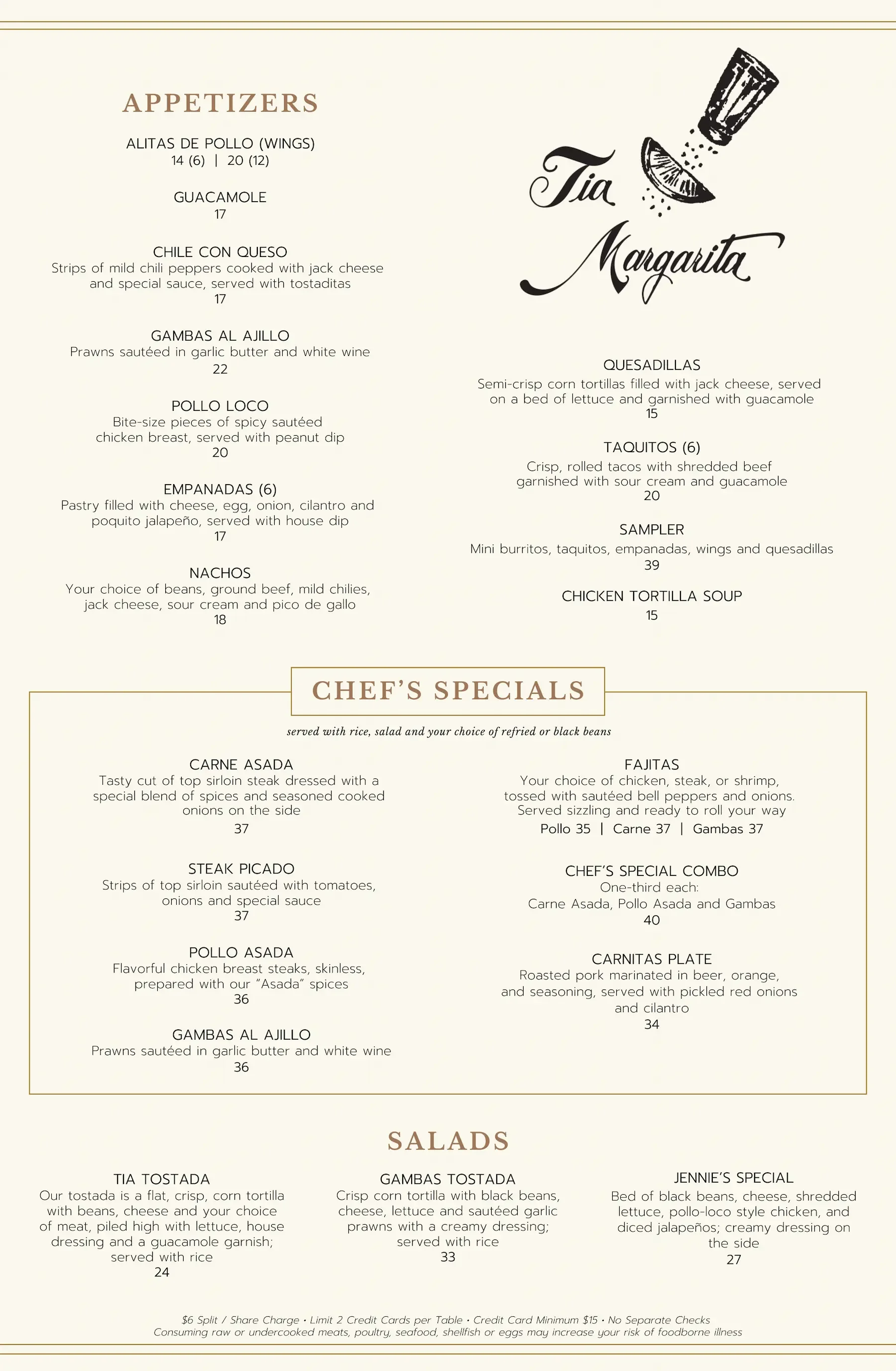 A restaurant menu featuring appetizers, salads, and chef's specials with a decorative logo of a salt shaker, lime, and a cocktail glass, and elegant text layout.