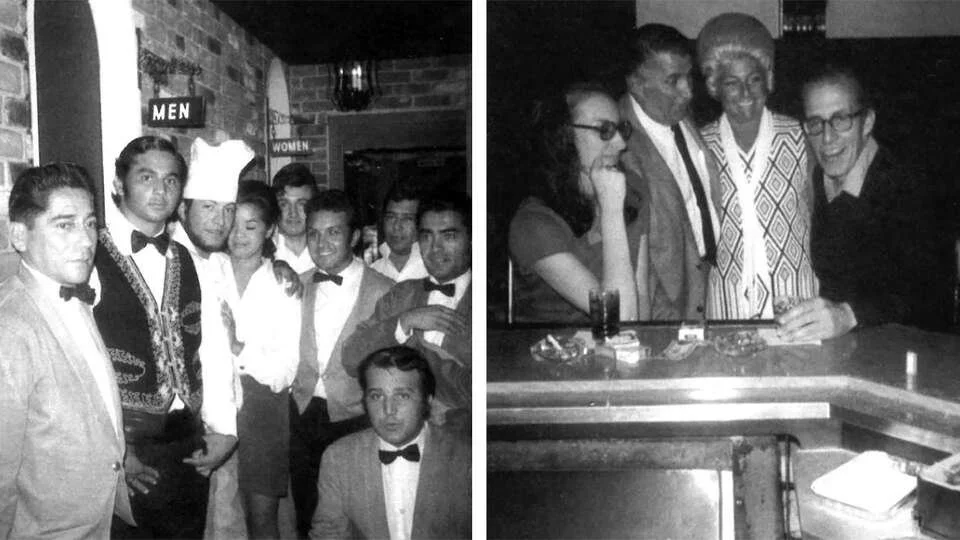 In the left photo, a group of waiters and staff in tuxedos and uniforms stand together in a restaurant, some smiling. The right photo shows four women standing around a bar, engaged in conversation, with drinks and snacks on the bar counter.