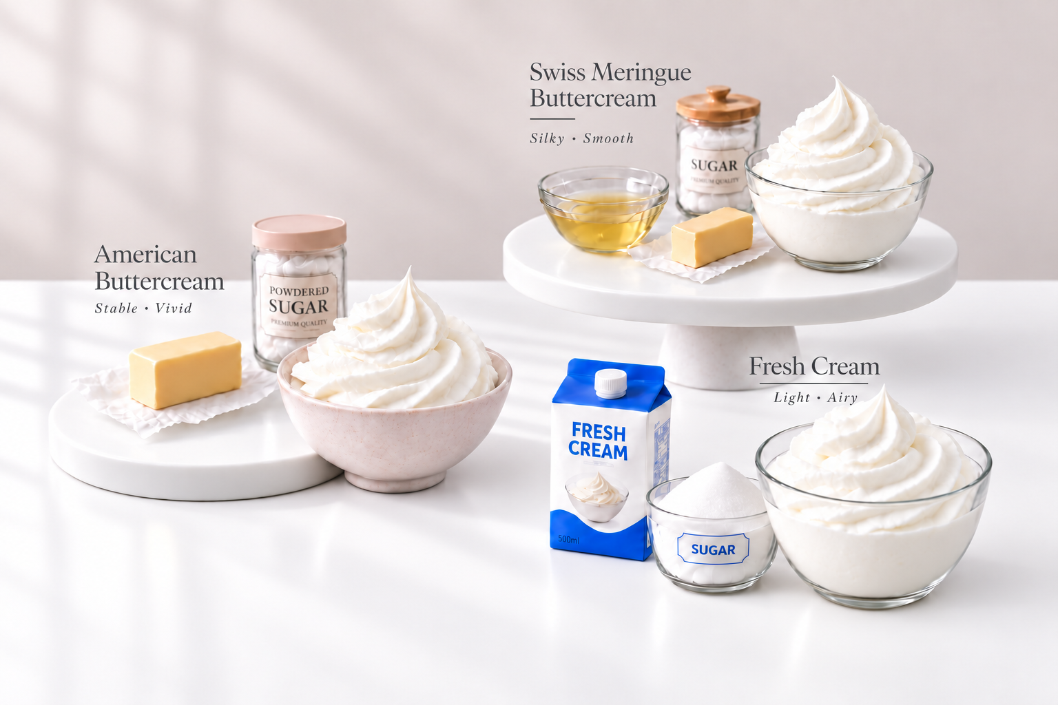 Various ingredients for making Swiss meringue buttercream, including bowls of whipped cream, a carton of fresh cream, a bowl of sugar, a stick of butter, powdered sugar, and vanilla extract, arranged on a white surface with a light background.