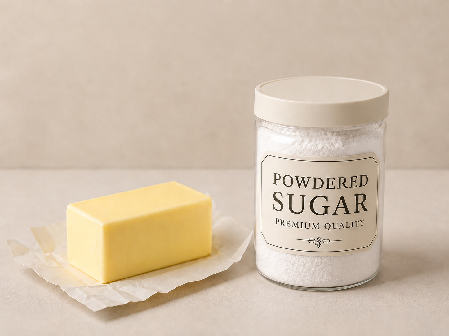 A block of yellow butter, a jar of powdered sugar, and parchment paper on a neutral background.