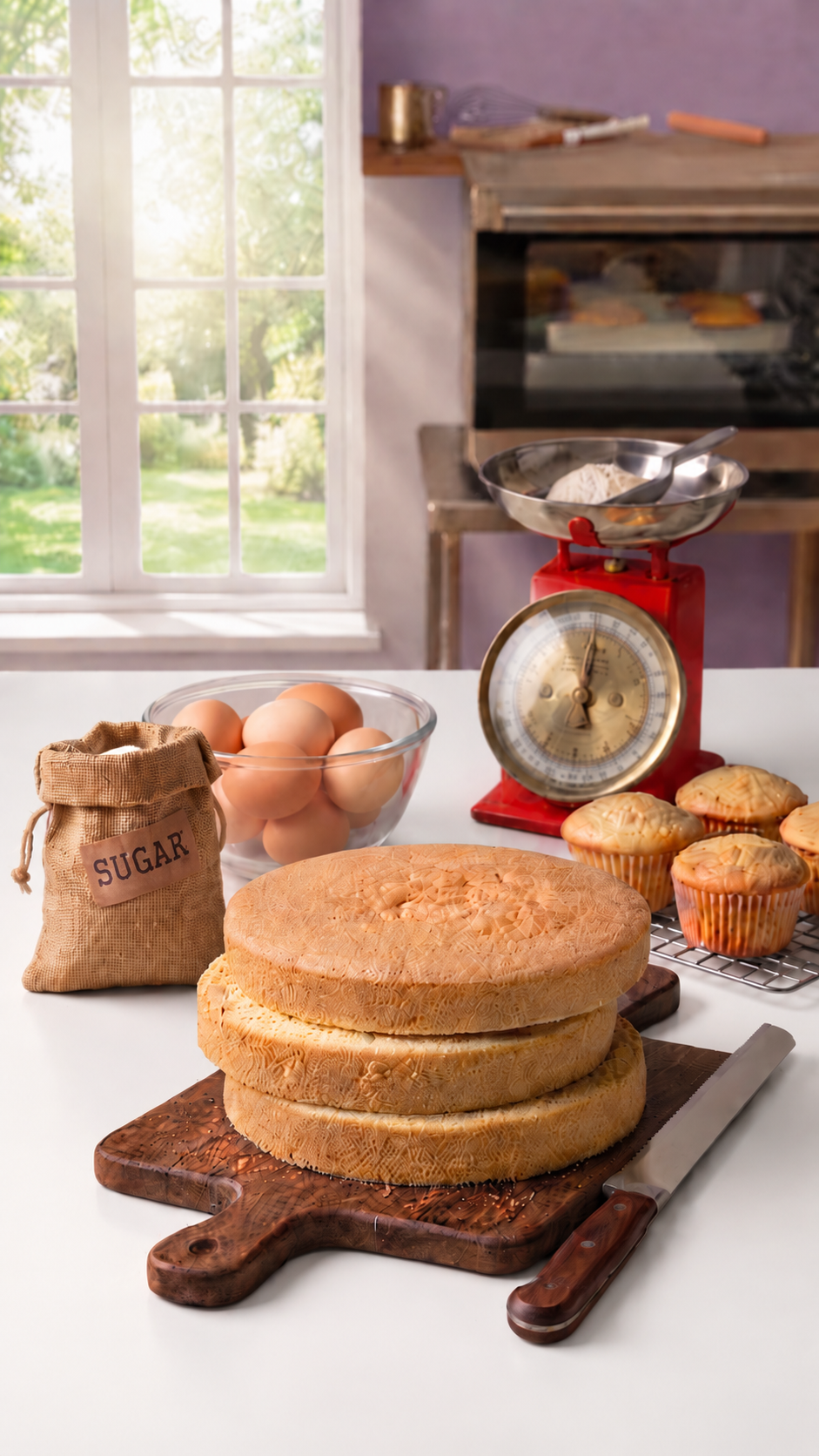 A kitchen countertop with a large wheel of cheese, a knife, a bag of sugar, a bowl of eggs, a vintage kitchen scale, and baked muffins. In the background, there's a window with sunlight, a fireplace, and some shelves.