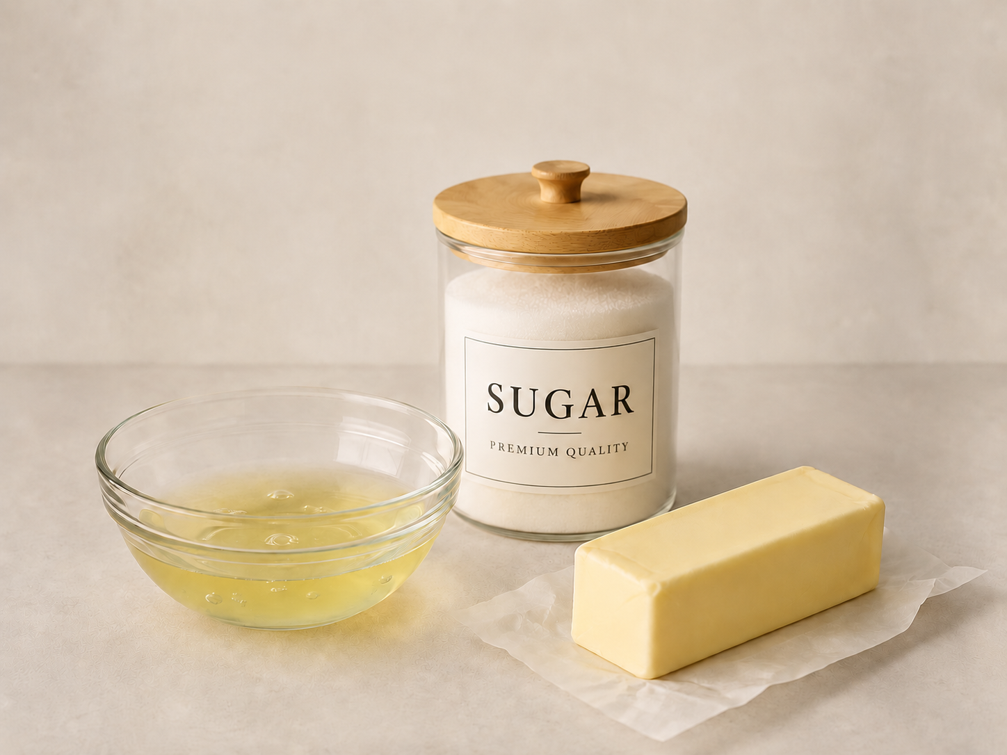 A glass bowl of melted butter, a jar of sugar labeled 'SUGAR PREMIUM QUALITY', a block of butter on parchment paper, all placed on a neutral surface with a light background.