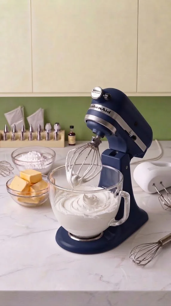 Stand mixer whipping cream in a glass bowl on kitchen countertop surrounded by baking ingredients and tools.