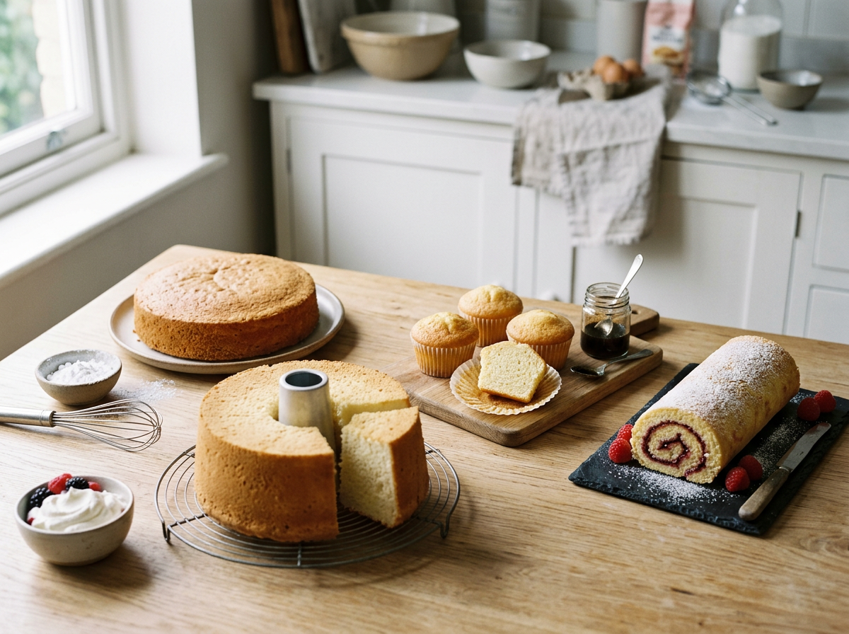 An assortment of baked goods on a wooden kitchen table, including a round sponge cake, a chiffon cake with a slice removed, a rolled cake with raspberry filling, cupcakes, and a bowl of whipped cream with berries.