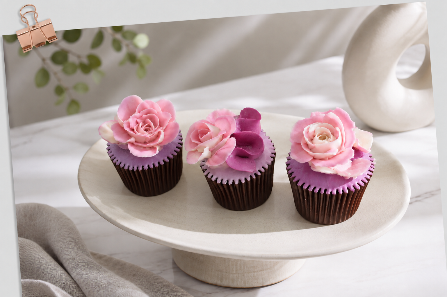 Three cupcakes decorated with pink and purple flower-shaped frosting on a white cake stand.