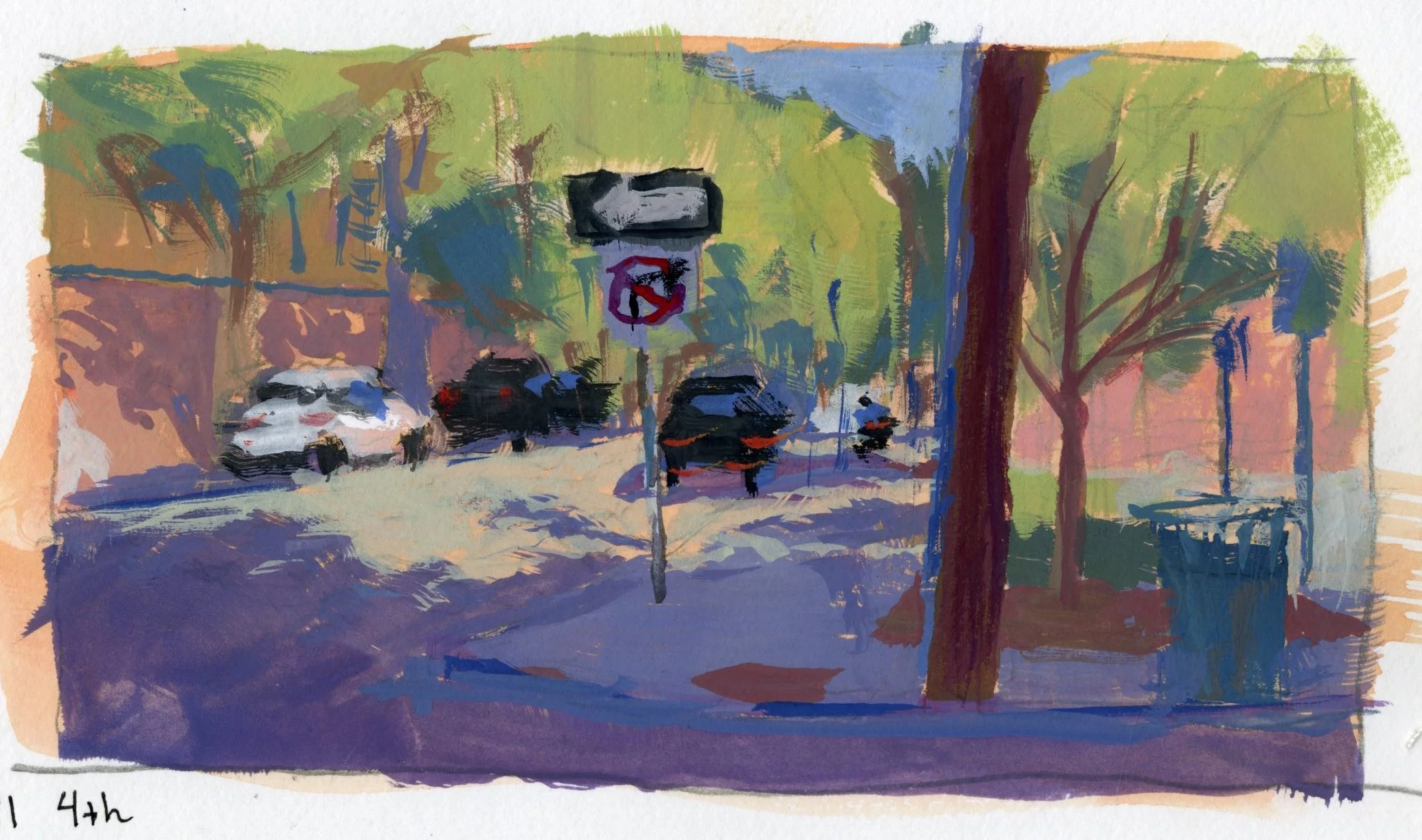 An impressionistic painting of a street scene with cars and trees, featuring a speed limit sign and a diverse wooded background.
