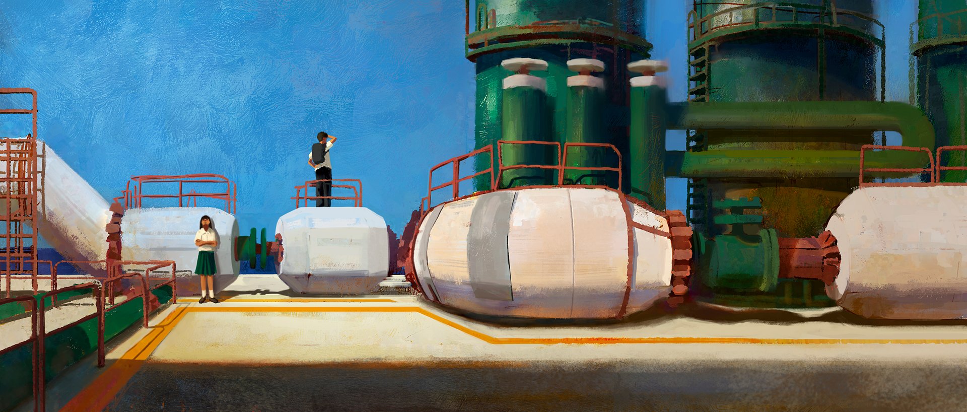 A digital painting of an industrial scene with large pipes and tanks on a rooftop, featuring two children, a girl standing with her arms crossed and a boy with a backpack, set against a bright blue sky.