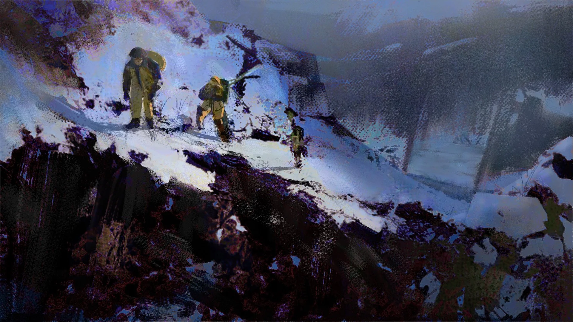 A group of hikers wearing outdoor gear trekking through a steep, icy mountain trail covered in snow with icy clouds or fog around