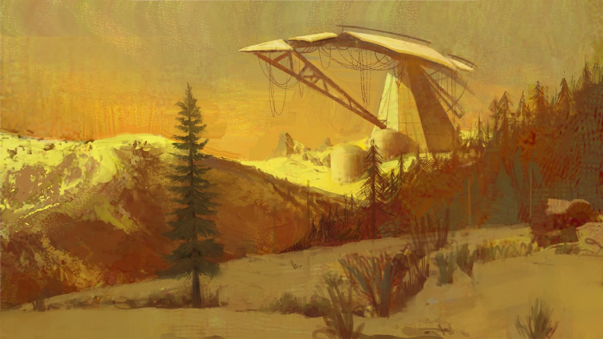 Digital painting of a mountain landscape featuring a large satellite dish and trees, set against a yellow-orange sky.