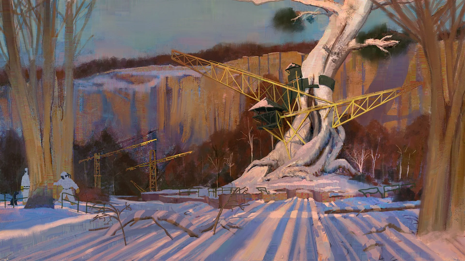 A painting of a large, old tree with a swing on one of its thick branches, surrounded by a winter landscape with snow-covered ground and leafless trees. A person in a yellow jacket and white hat is sitting on a bench, and two people are standing near