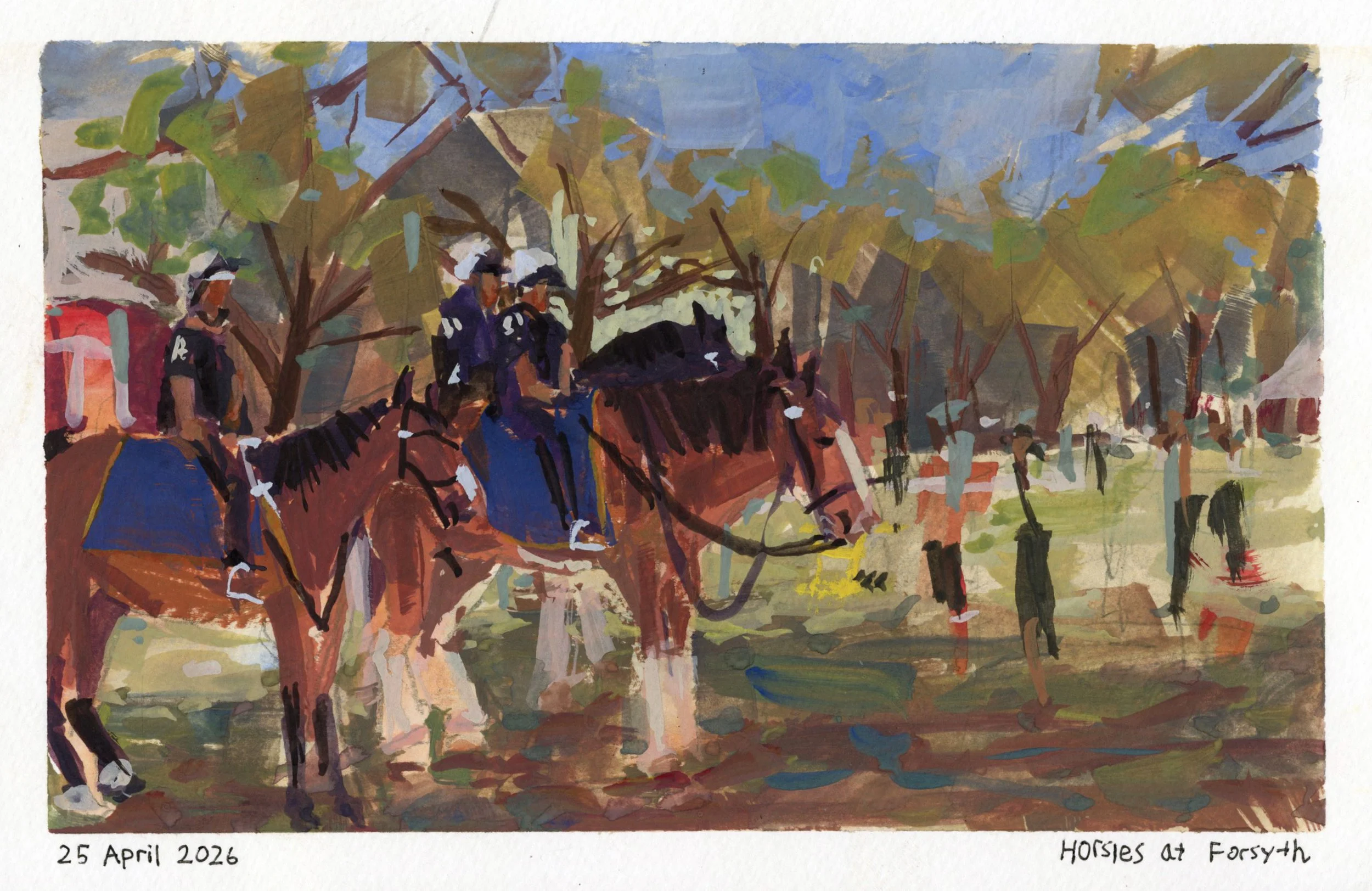 A watercolor painting of horses and riders at a gathering in a wooded area, with trees and blue sky in the background. The painting is dated April 25, 2026, and titled 'Horses at Forsyth'.