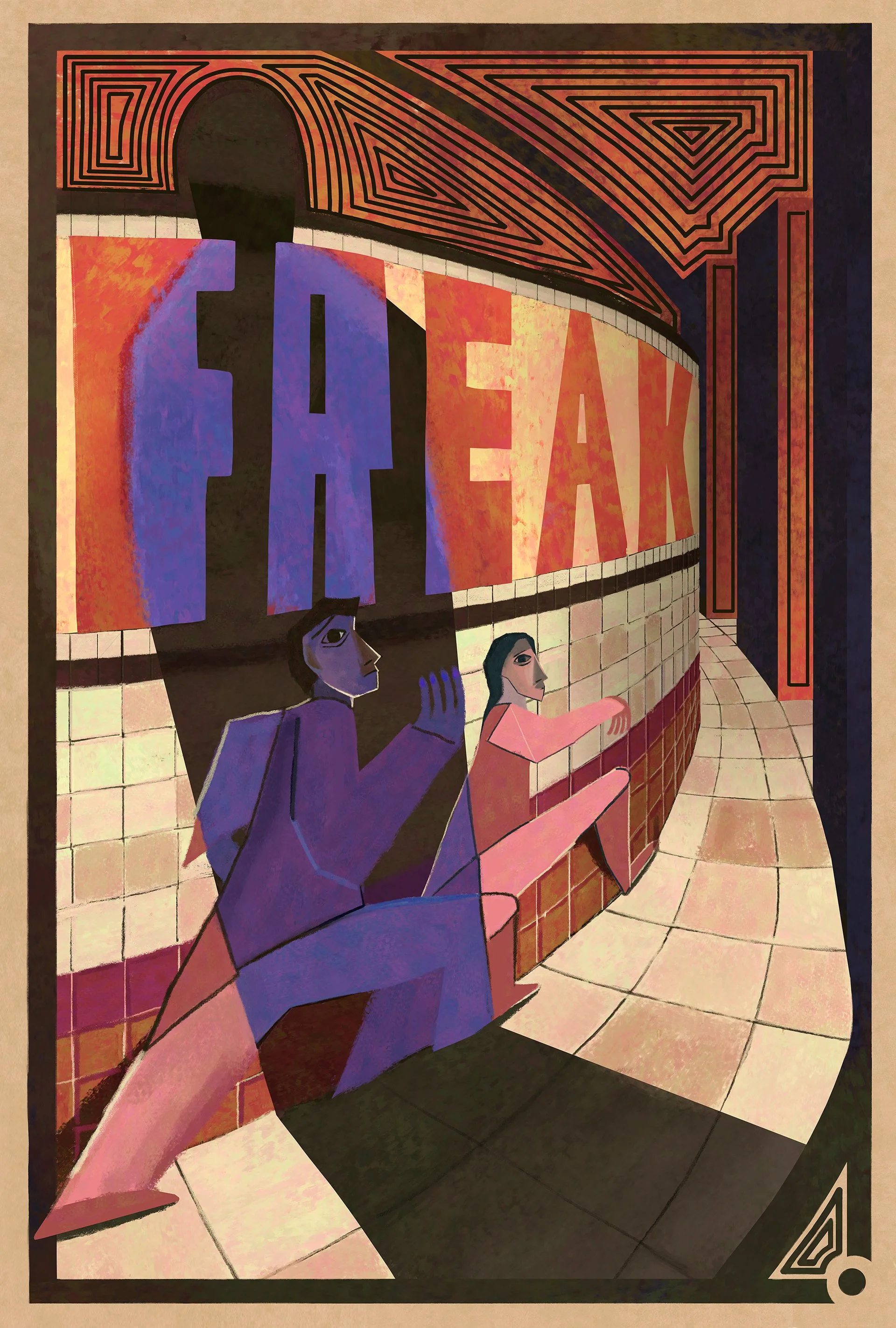 A stylized illustration of two people walking past a large lit-up sign on a brick wall that reads 'TAXI AF'. One person is using a mobile phone, and both are dressed casually. The scene appears to be in an indoor or covered setting with tiled floor a