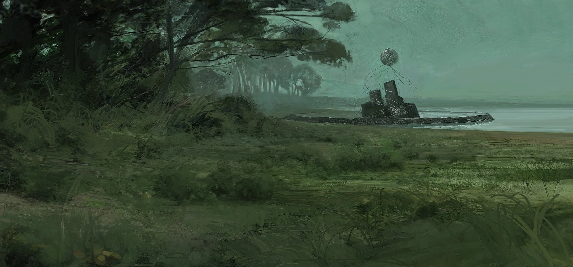 A digital painting of a submarine docked on a shore, surrounded by lush greenery, with the ocean in the background and a large buoy or ball floating above.