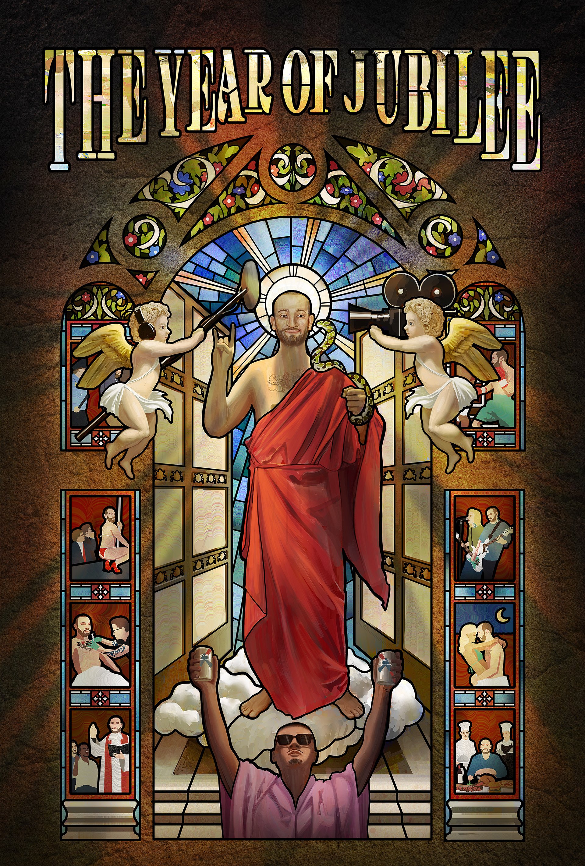 A stained glass illustration featuring a man in a pink shirt and sunglasses at the bottom, raising his hand, with Jesus in a red robe with a snake around his shoulders in the center, standing on a cloud, with angels around him. The top has the text "