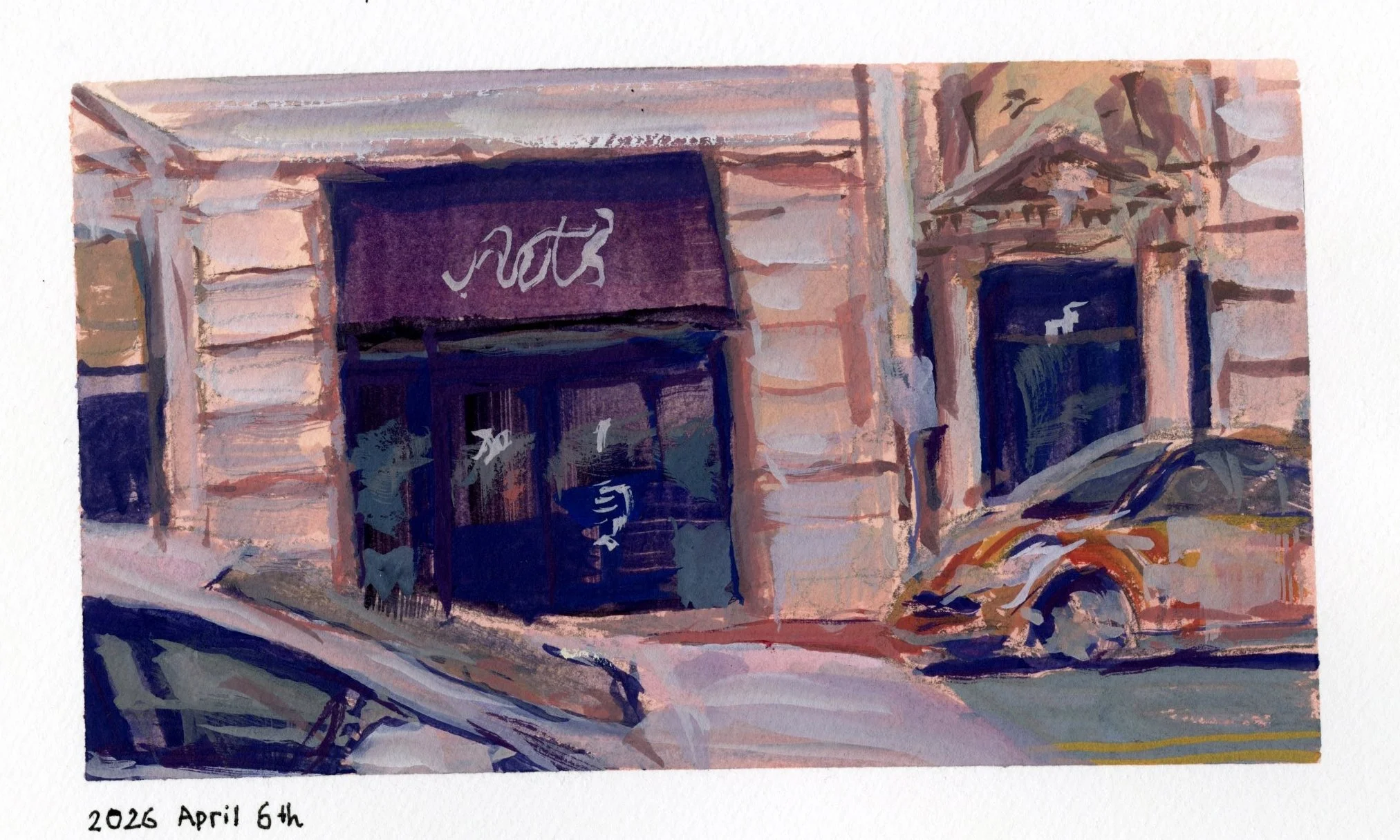 A watercolor painting of a storefront with purple signage, a window display, and a bicycle in front, dated April 6th, 2026.